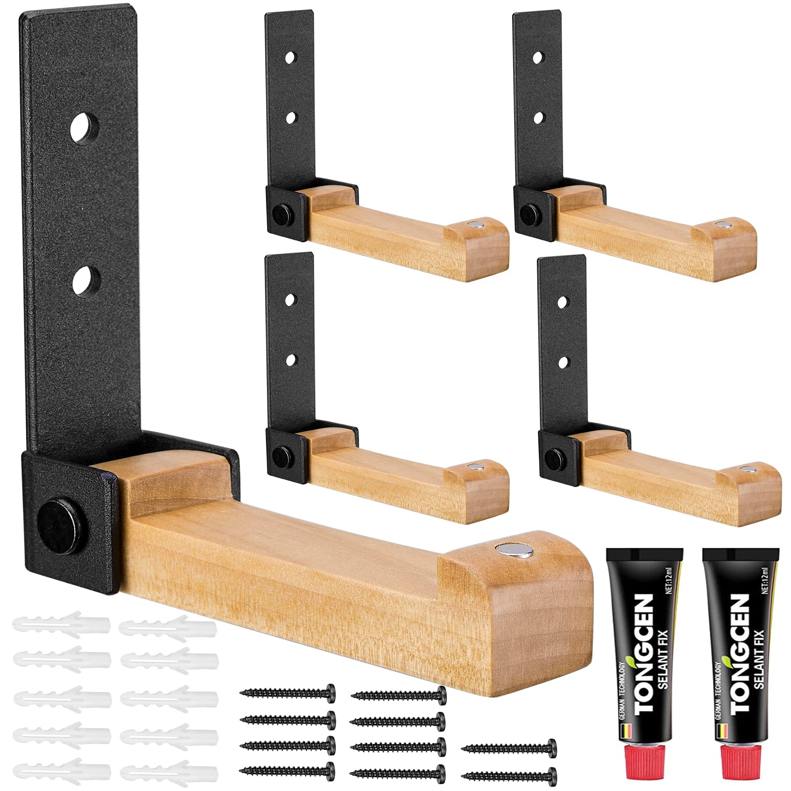 5 Pack Heavy Duty Folding Coat Hooks - Solid Wood & Aluminum Alloy Wall Mounted Hooks with Screws & Adhesive for Hanging Coats, Hats, Towels, Bags, Headphones - Space Saving Foldable Design for Bedroom, Entryway, Closet, Bathroom Organization (Black)