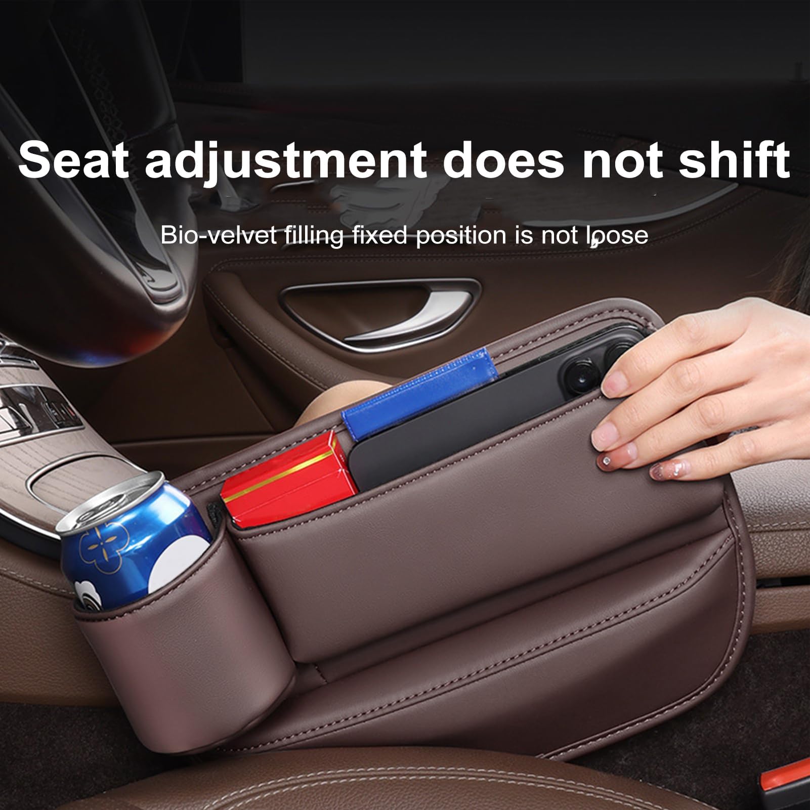 Premium Car Leather Cup Holder Gap Bag - Large Capacity Seat Gap Storage Box & Adjustable Seat Filler with Cup Holder - Beige (Left Side) - Perfect for Organizing Phones, Keys, Wallets & Snacks While Driving