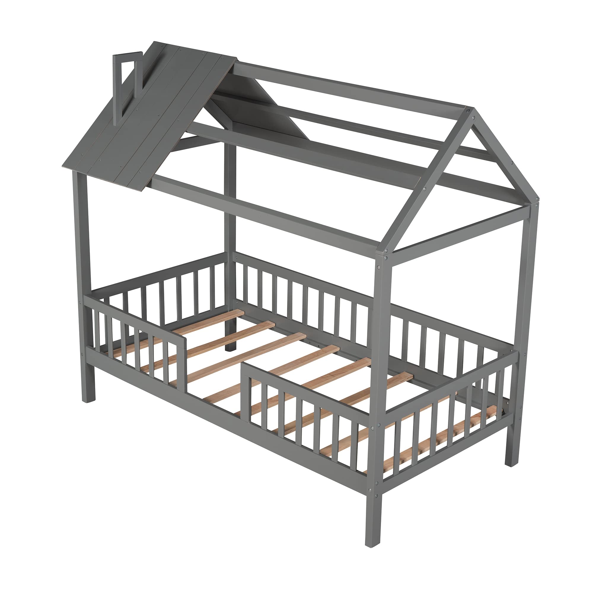Merax Twin Size Wooden House Bed Frame with Fence & Roof - Space Saving Kids/Teens Bed, No Box Spring Needed (Grey) | Perfect for Small Bedrooms, Playrooms & Cozy Kids' Bedroom Decor