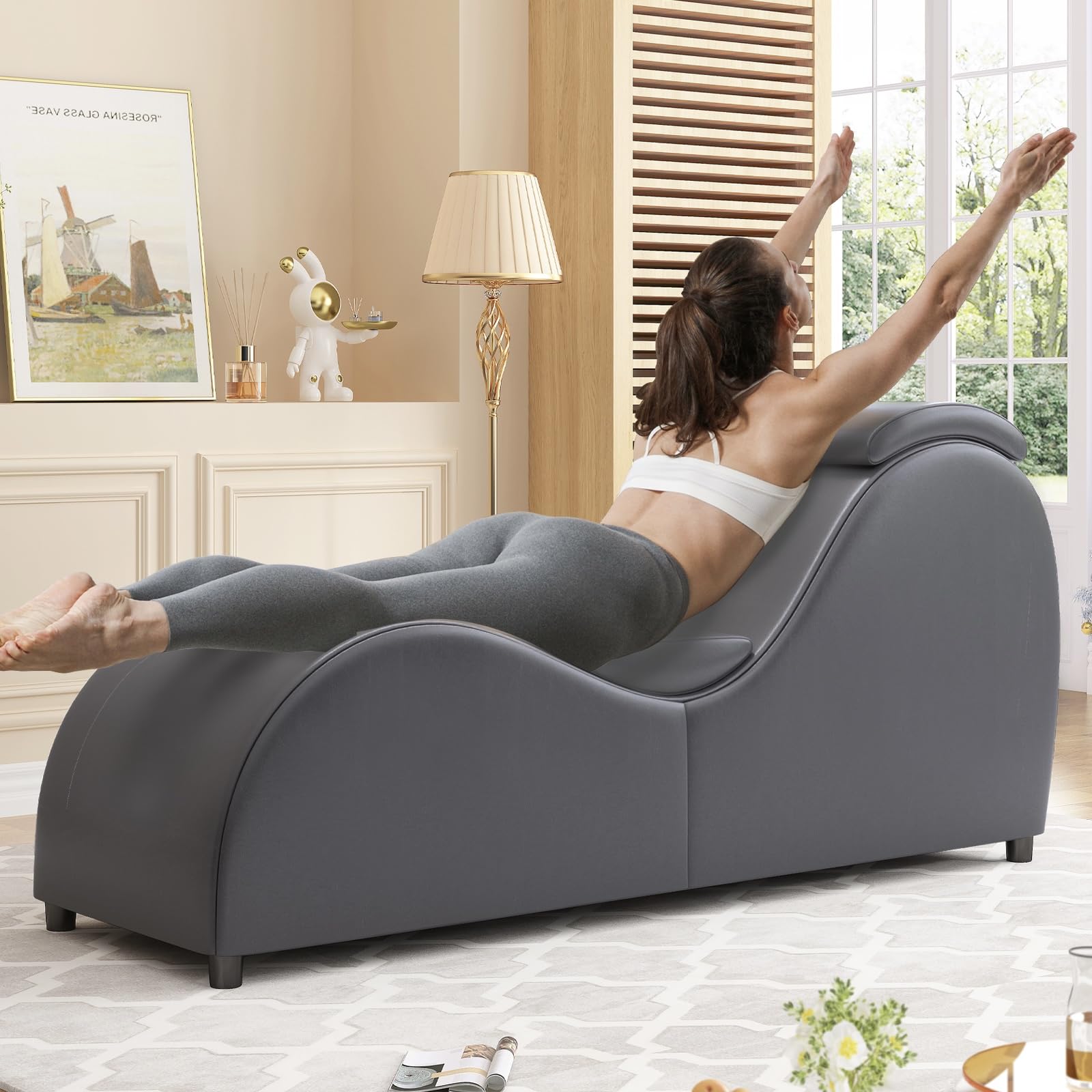 BALUS 60'' Yoga Chaise Lounge Chair for Adults - Faux Leather & Wooden Adjustable Headrest Sofa - Perfect for Stretching, Exercise & Relaxation - Ideal for Living Room, Apartment, Office & Yoga Studio - Dark Grey
