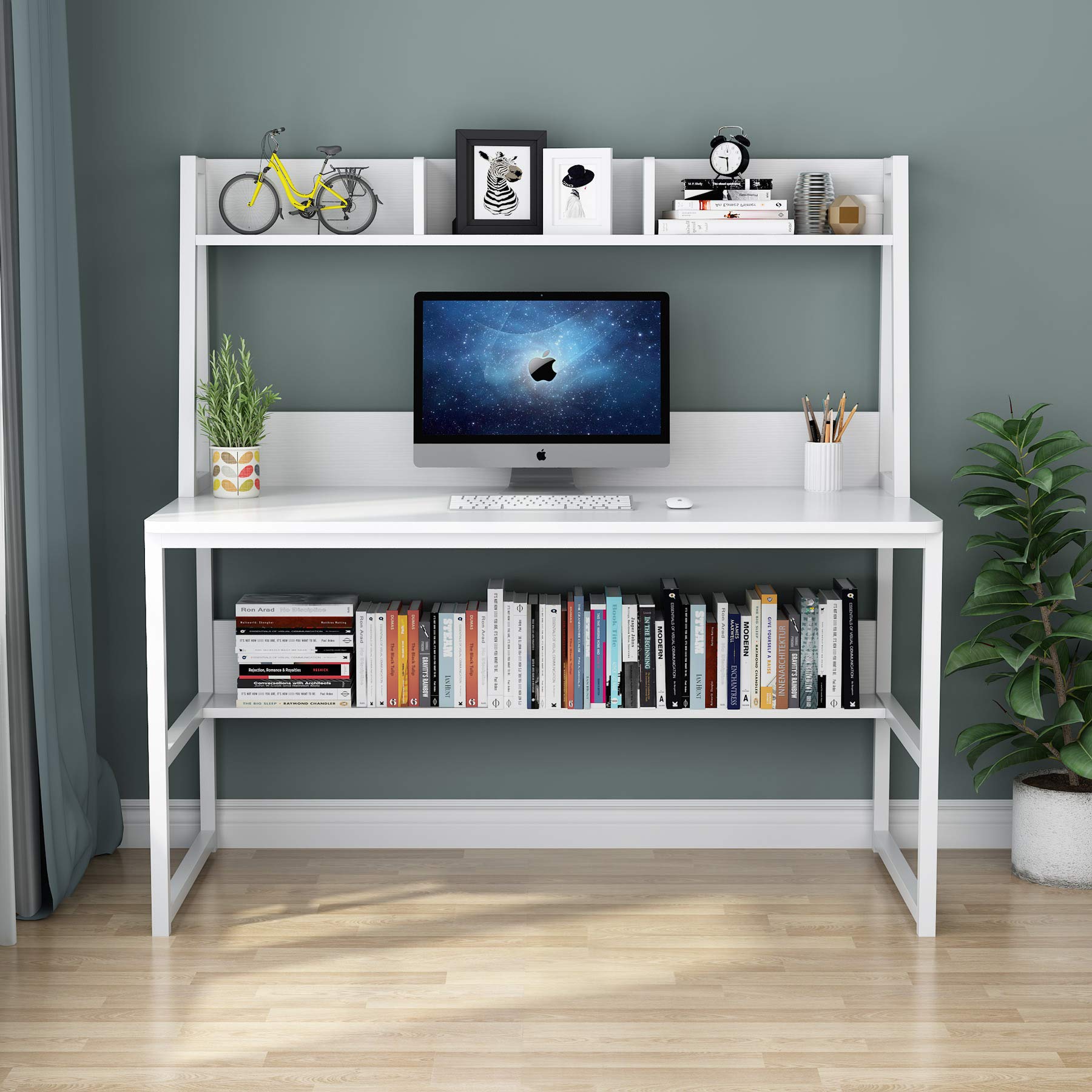 Tribesigns 47 Inch Modern Computer Desk with Hutch & Bookshelf - Sturdy Home Office Desk for Work, Study & Writing - Space Saving All White Workstation for Small Spaces & Apartments