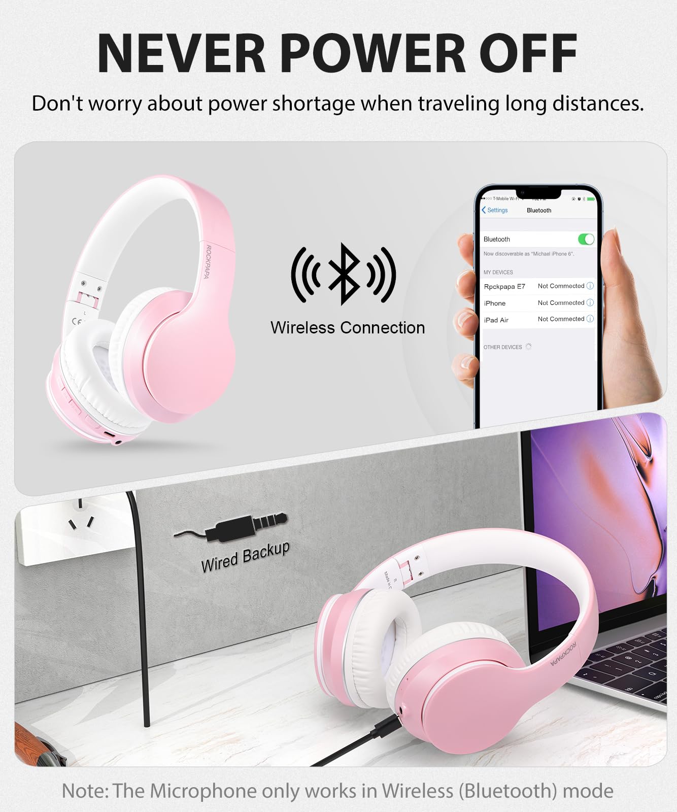 Rockpapa E7 Bluetooth Headphones Over Ear - Wireless Headphones with Built-in Mic, HiFi Stereo Sound, Foldable & Lightweight Design for School, Work, Travel, Gaming, PC & TV Use (Pink White) - Perfect for Commuting, Office Work & Home Entertainment
