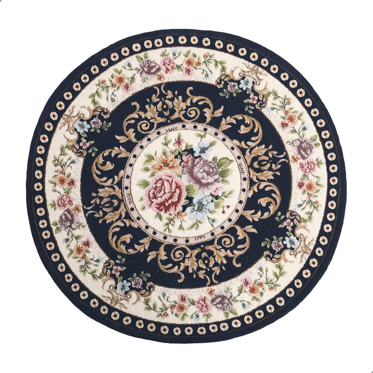 3ft Floral Round Non-Slip Area Rug - Machine Washable Classic Design for Living Room, Kitchen & Bedroom - Eco-Friendly Traditional Dark Blue Carpet for Home Decor