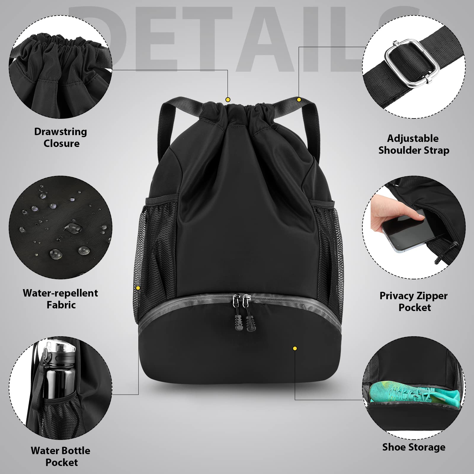 Photect Sports Drawstring Backpack - Soccer Basketball Football Bag with Compartment & Mesh Pockets - Perfect for Gym, School & Outdoor Activities