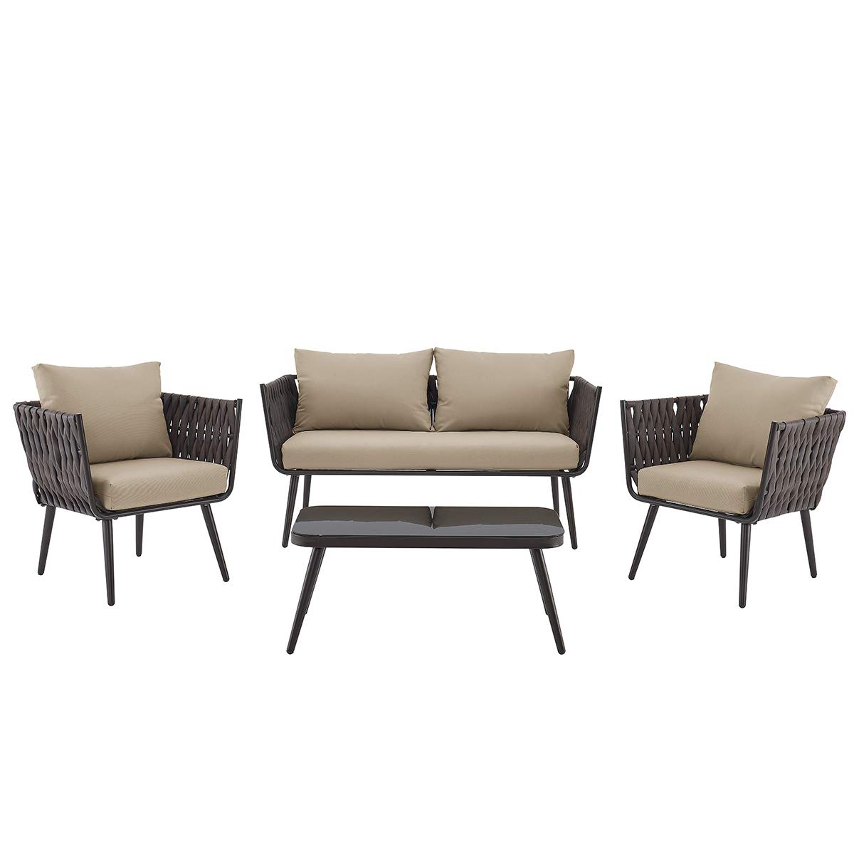 Barton 4-Piece Bistro Sofa Set with Cushions & Coffee Table - Outdoor Patio Wicker Rattan Furniture - Space-Saving Conversation Set for Garden, Balcony or Poolside Relaxation