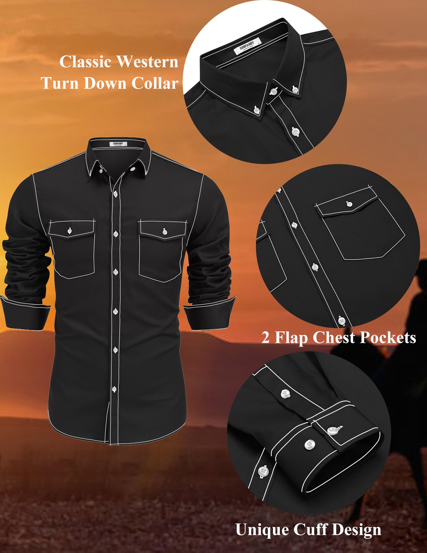 COOFANDY Men's Western Cowboy Shirts - 100% Cotton Long Sleeve Button Down Shirt with Two Front Pockets & Embroidered Design | Perfect for Rodeo, Country Music Festivals & Western Style Outfits
