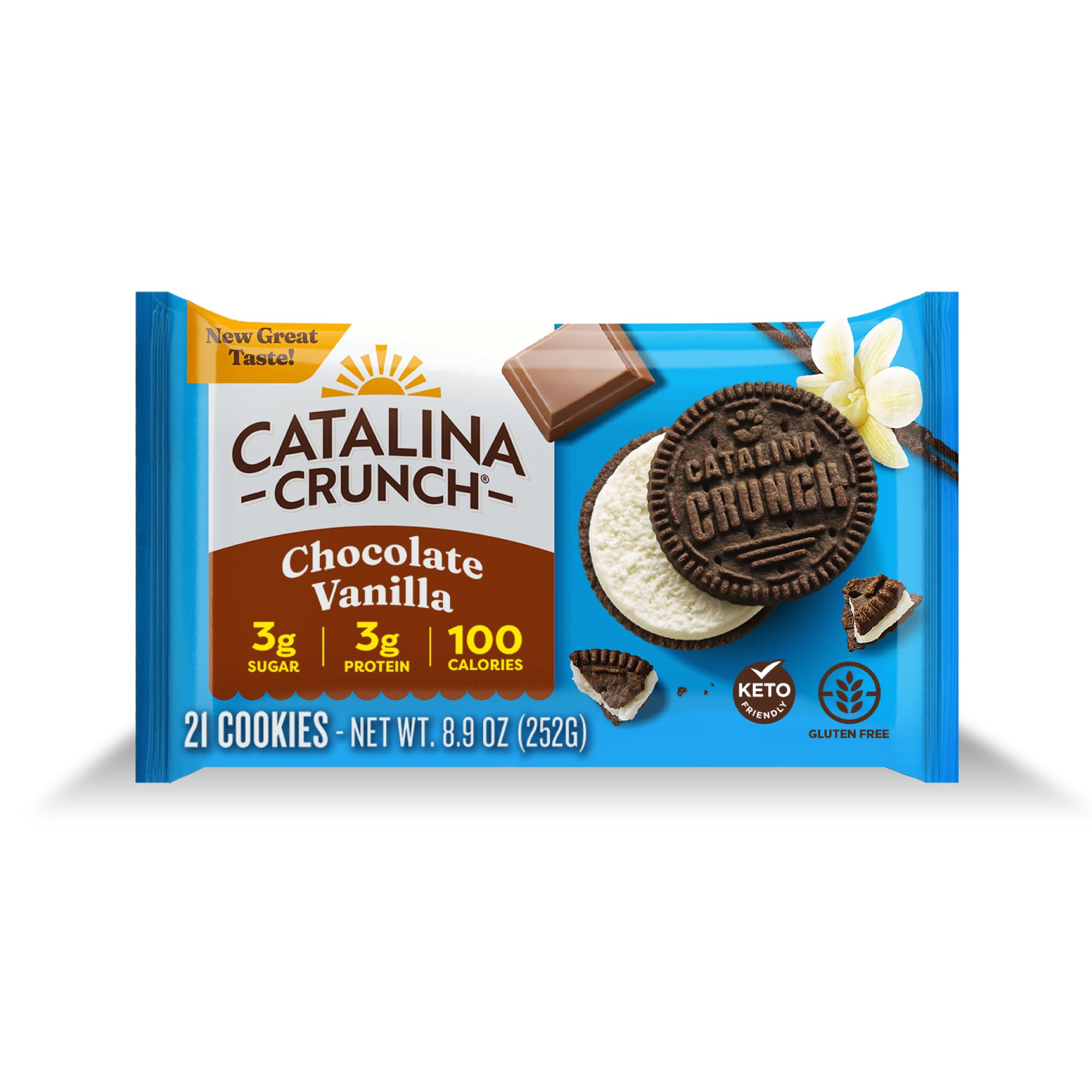 Catalina Crunch Chocolate Vanilla Sandwich Cookies - Low Carb, Keto-Friendly, Sugar-Free Snacks (8.9 oz, 21 Cookies) - Perfect for Weight Loss, Diabetic Diets & On-the-Go Healthy Snacking