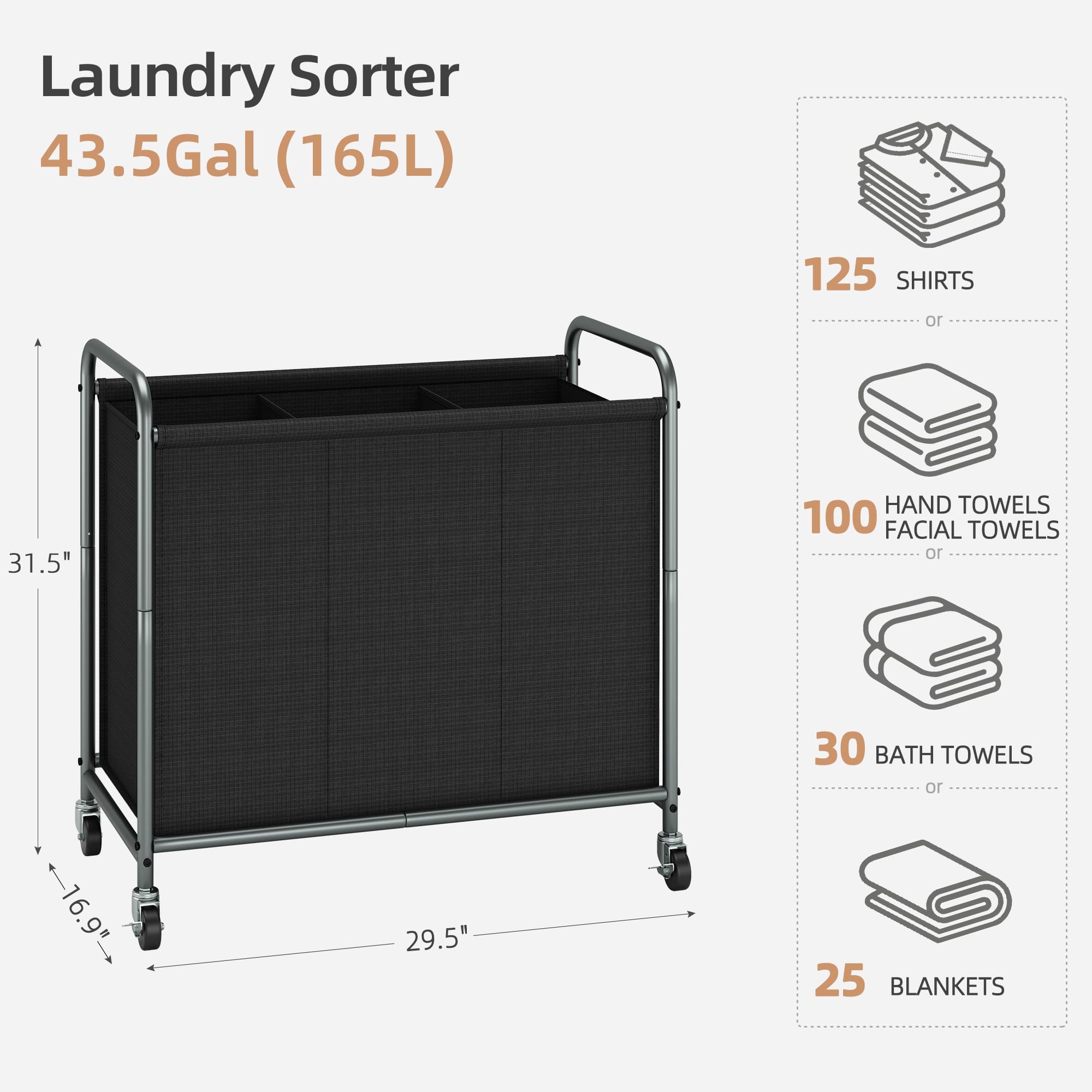STORAGE MANIAC 165L Laundry Hamper with Wheels - 3-Section Clothes Sorter for Home & Laundry Room