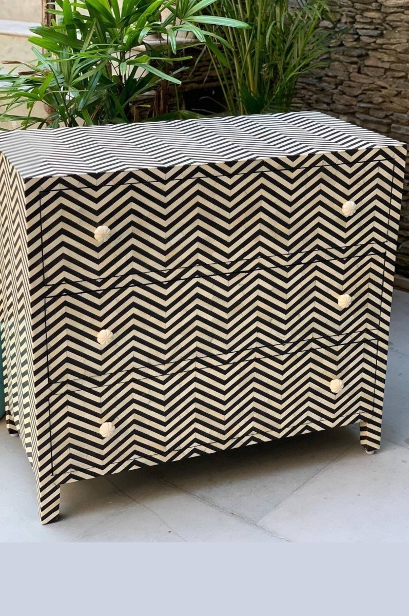 Handmade Bone Inlay Zig Zag Design Dresser - Black and White Vintage Chest of Drawers for Bedroom Storage & Home Decor | Perfect for Master Bedroom, Guest Room, or Apartment Organization