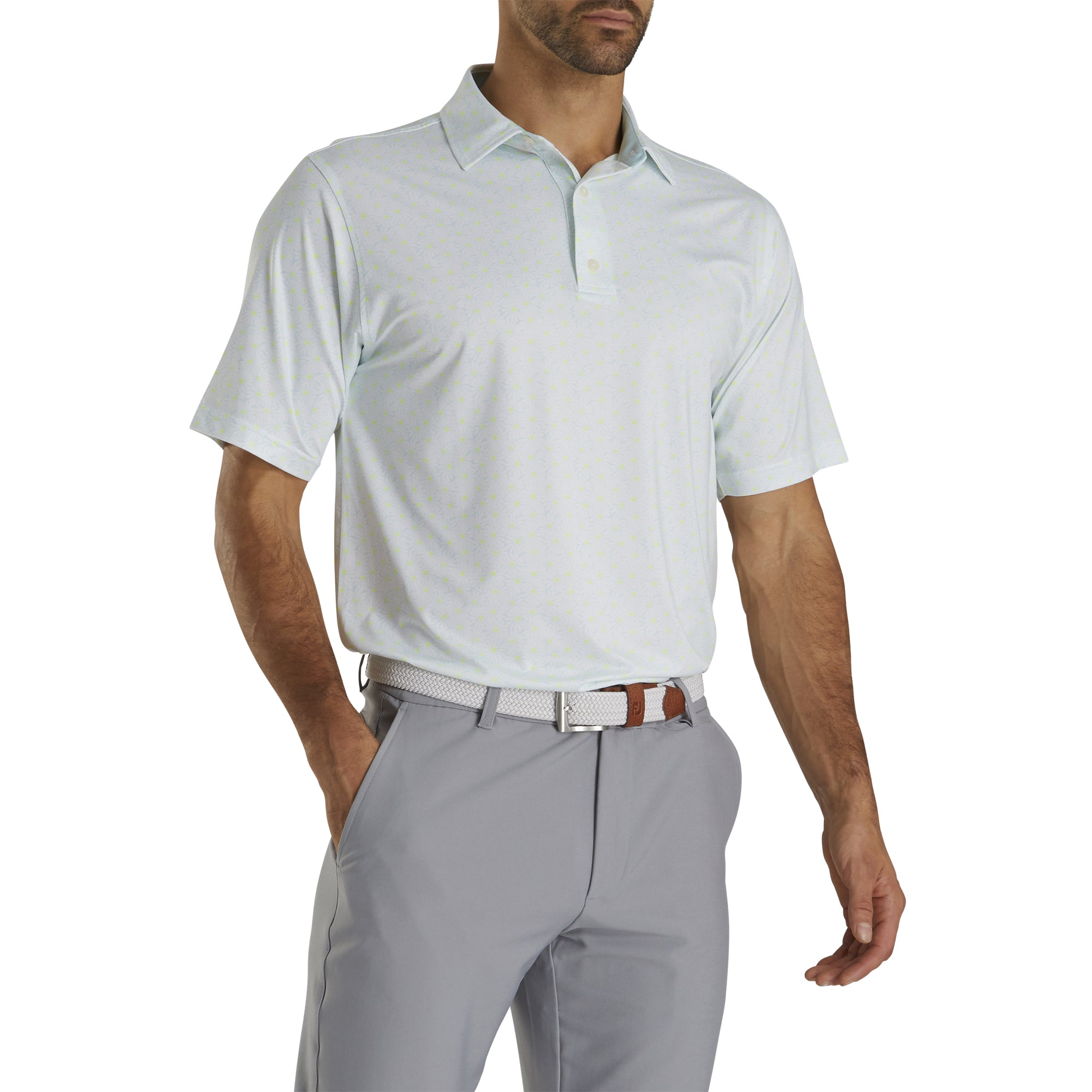 FootJoy Daisy Print Lisle Ice Blue Men's Golf Polo Shirt - Breathable, Moisture-Wicking Performance Top for Golf & Casual Wear