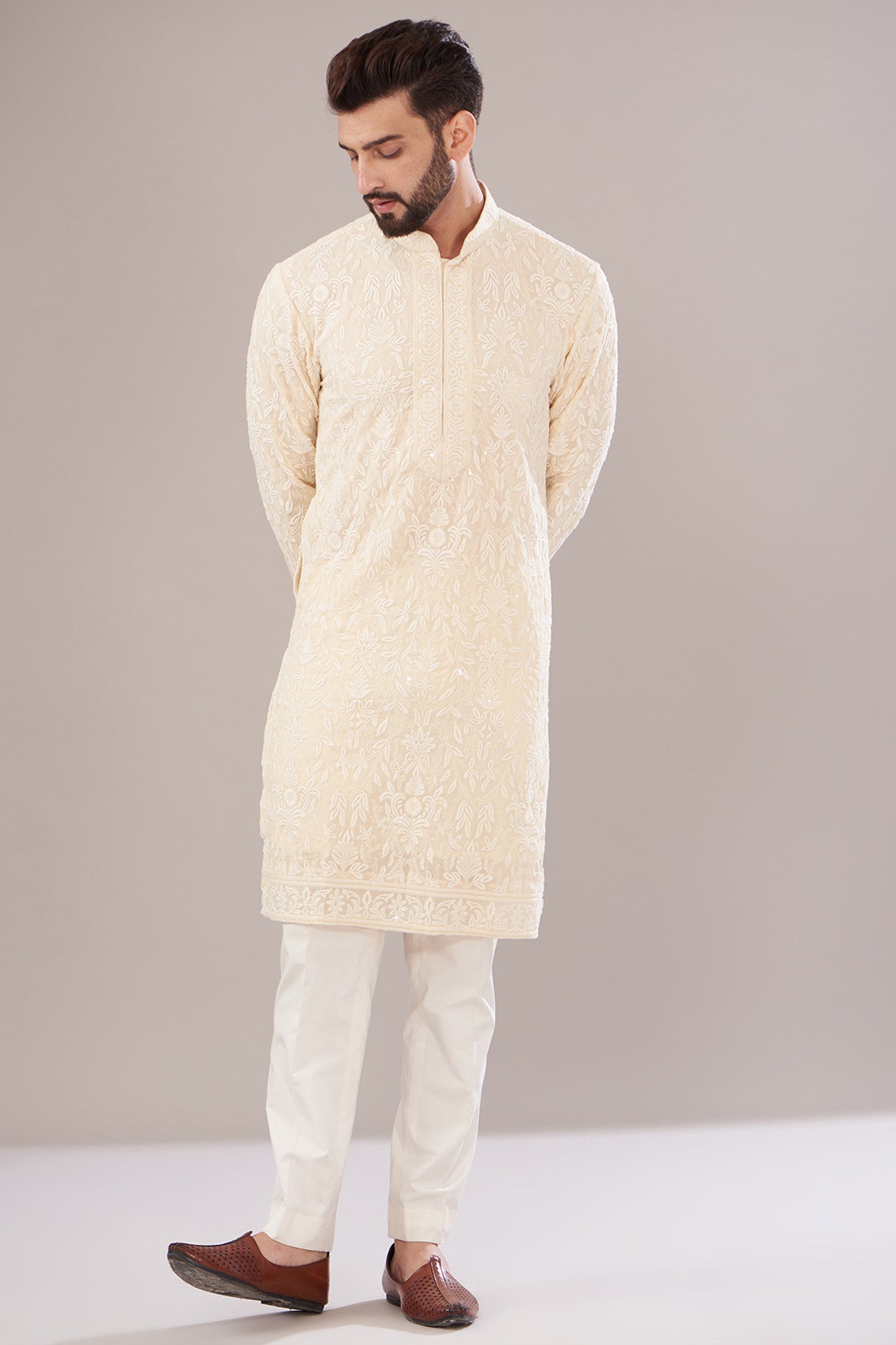 Ivory Georgette Embroidered Kurta for Women - Elegant Traditional Indian Tunic Top - Perfect for Festivals, Weddings & Special Occasions