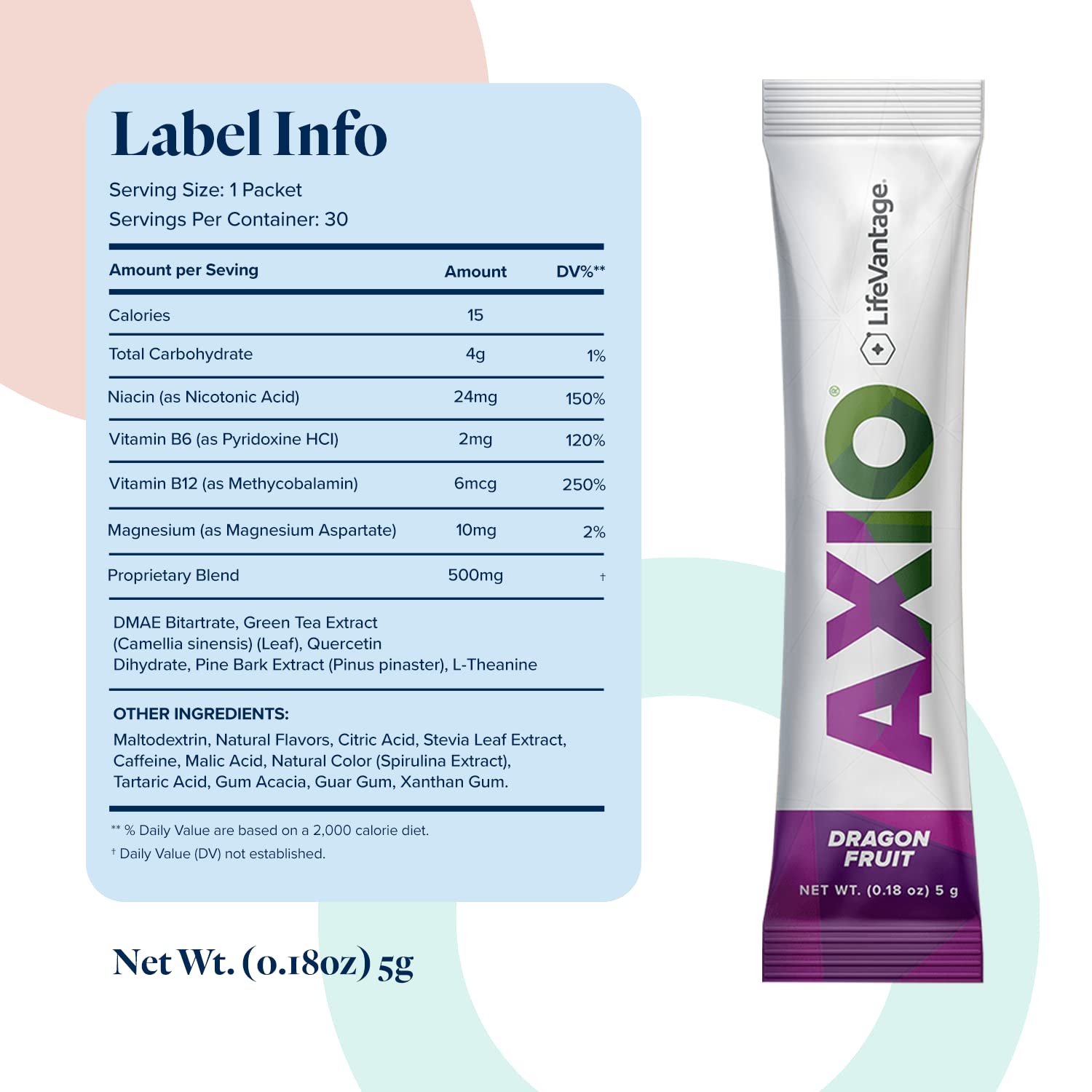 LifeVantage AXIO Dragonfruit Energy Drink Powder - 30 Packets with B Vitamins, DMAE, L-Theanine, Quercetin, Green Tea & Pine Bark Extract | Boost Focus & Energy for Workouts, Study & Daily Activities