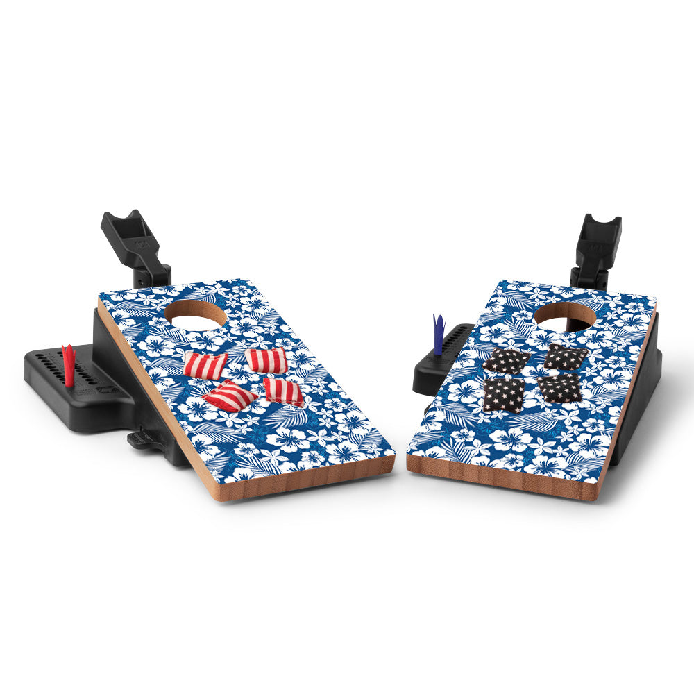 Blue Hibiscus Double Chuck Mini Cornhole Tabletop Game Set - Portable Indoor/Outdoor Bean Bag Toss for Parties, Tailgating & Family Fun