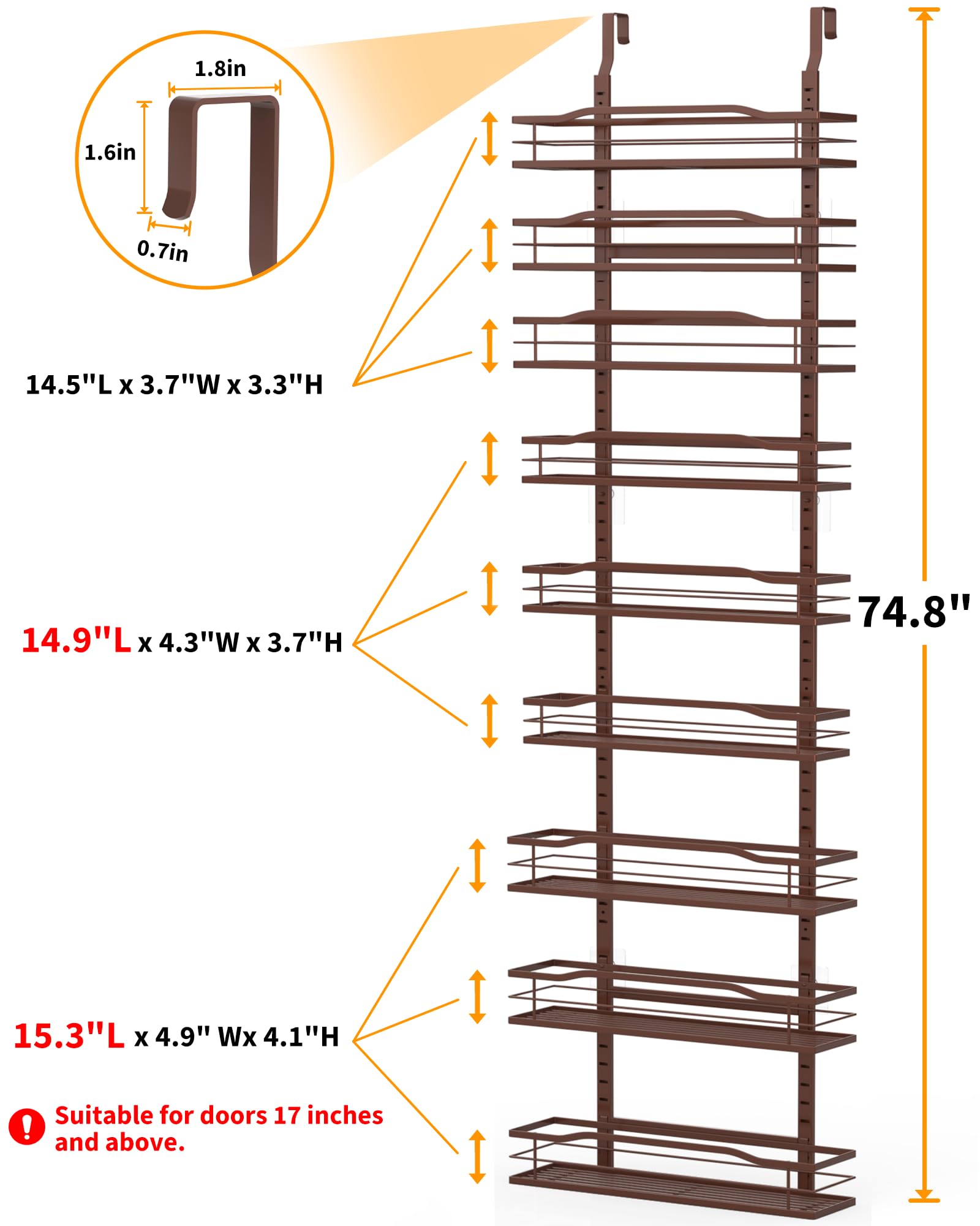 Moforoco Bronze 9-Tier Over The Door Pantry Organizer - Space Saving Metal Hanging Spice Rack Shelves for Kitchen, Bathroom & Laundry Room Storage | Perfect for Pantry Organization, Spice Display & Home Essentials