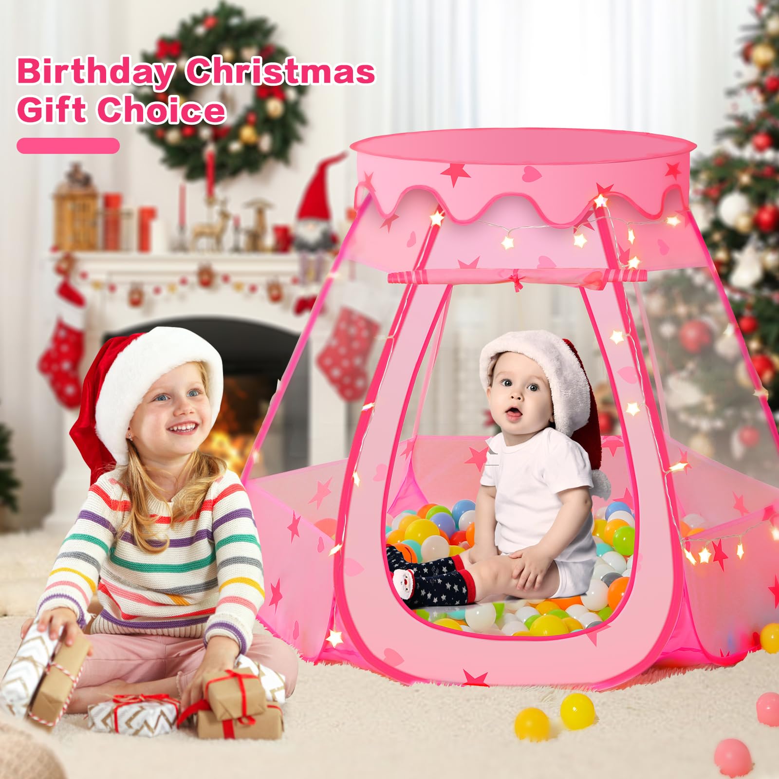**Baby Ball Pit Play Tent with LED Star Lights - Pop Up Princess Castle for Toddlers & Kids - Indoor Outdoor Playhouse Toy for Girls - Perfect Birthday Gift (Pink) - Fun for Playrooms, Parties & Backyard Adventures**