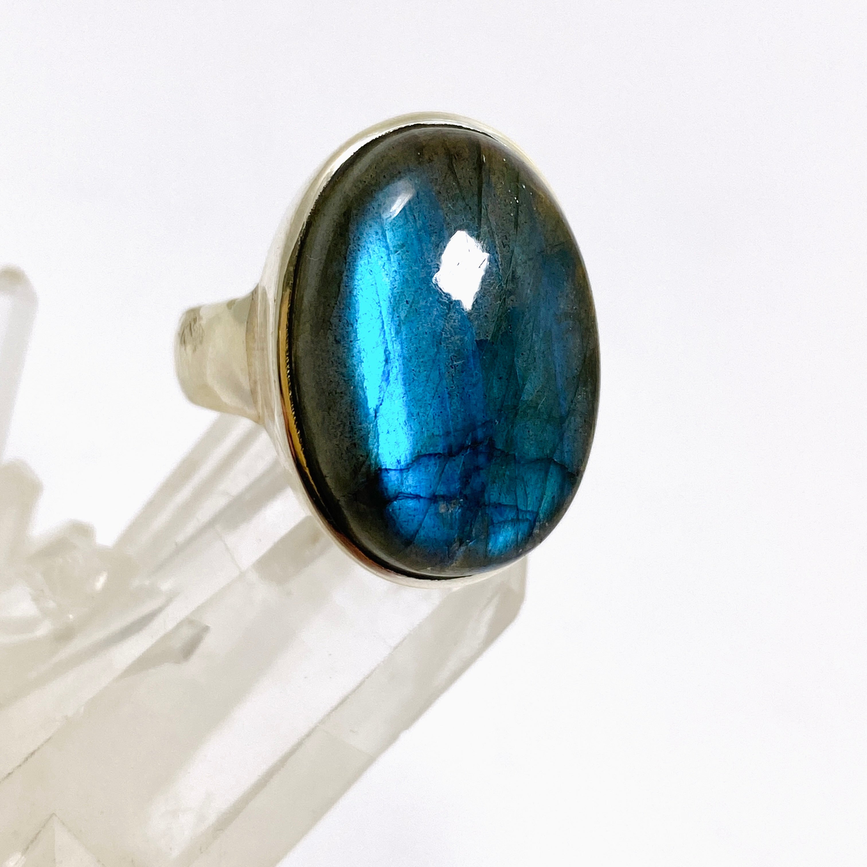Natural Labradorite Oval Cabochon Ring - Size 9 Sterling Silver Handmade Jewelry for Women - Perfect for Boho Style, Gift Giving & Everyday Wear