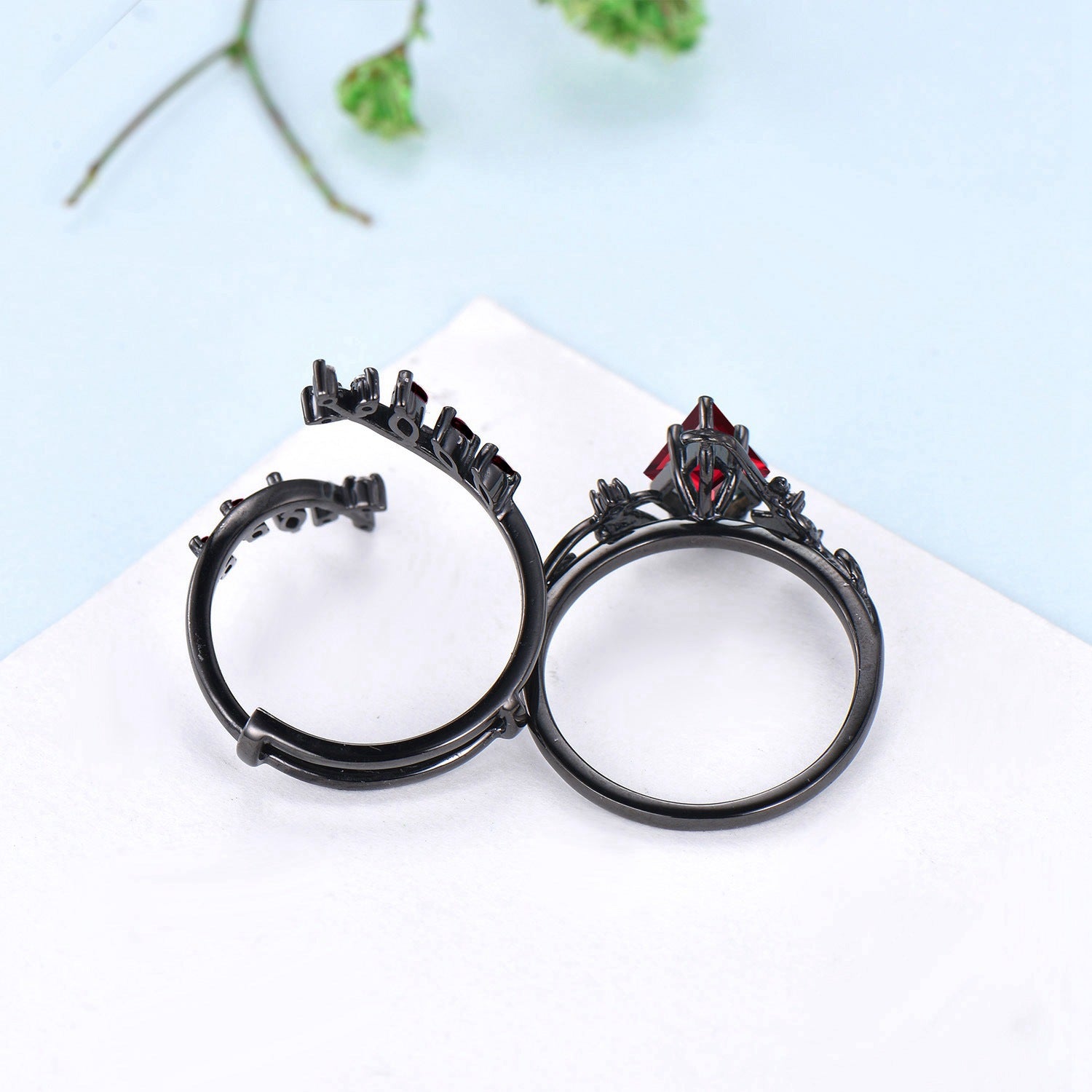 Nature Inspired Kite Cut Ruby Ring Set in Black Gold with Leaf Design - Gothic Engagement Ring for Knight Theme | Perfect for Weddings, Proposals & Medieval Fantasy Lovers