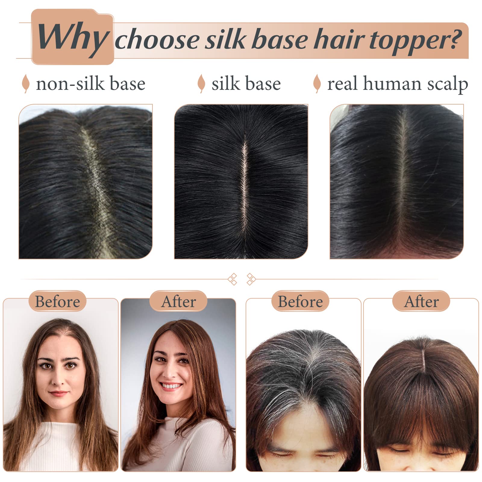 12 Inch Human Hair Clip-in Hair Toppers for Thinning Hair - Straight Natural Black #1B Hair Extensions for Women - Perfect for Hair Loss, Gray Coverage & Daily Styling
