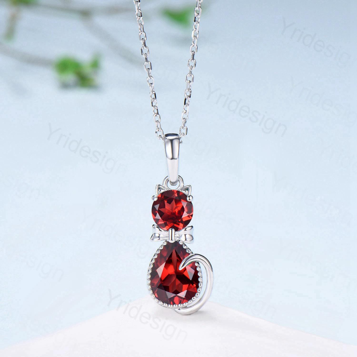 Elegant Cat Garnet Pendant Necklace - Art Deco Style in Silver & White Gold - January Birthstone Jewelry - Unique Personalized Anniversary Gift for Women - Perfect for Valentine's Day, Birthday & Special Occasions