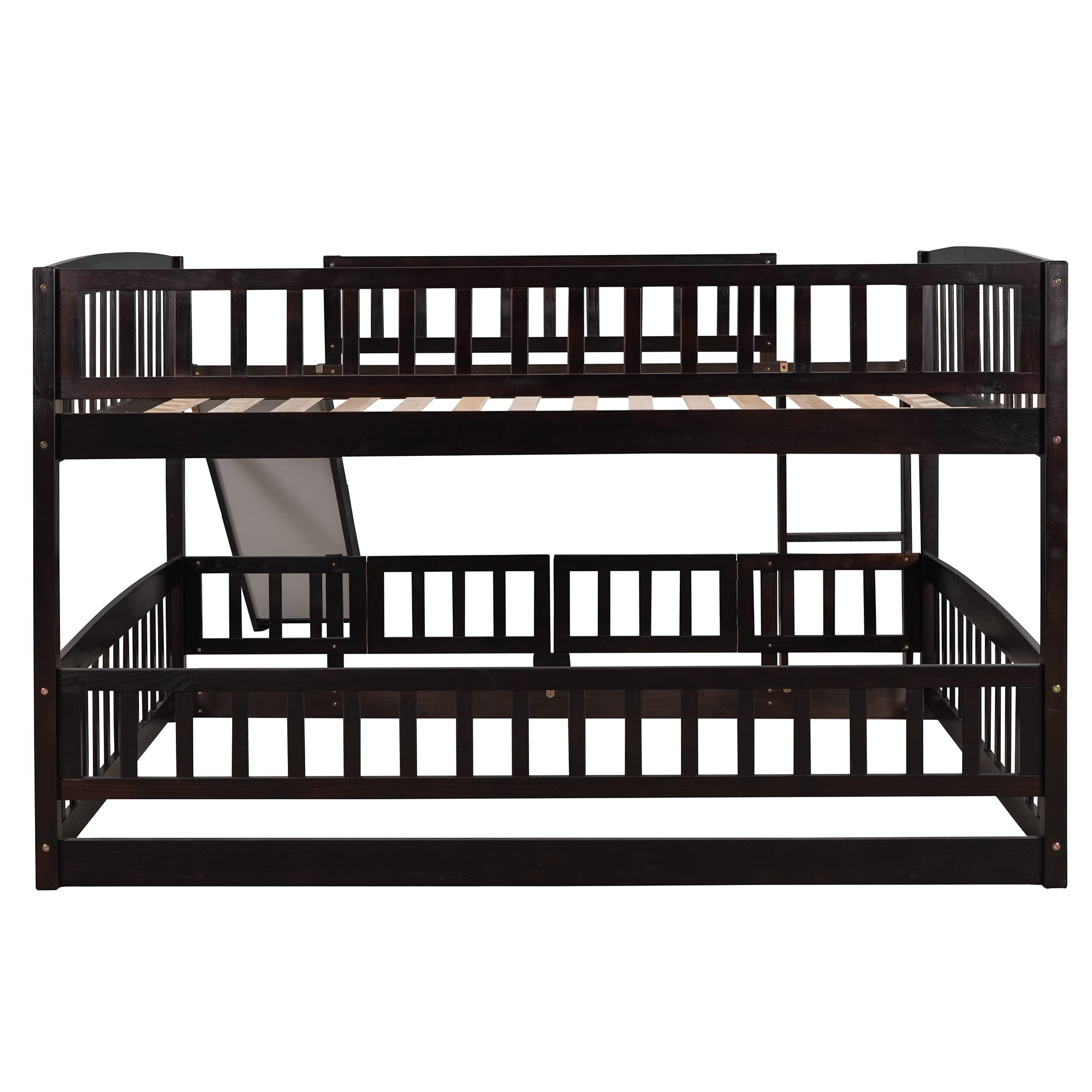 Harper & Bright Designs Full Over Full Bunk Bed with Slide, Safety Fence & Ladder - Espresso Wood Low Bunk Bed for Kids, Toddlers, Boys & Girls - Perfect for Small Bedrooms, Shared Kids Rooms & Sleepovers
