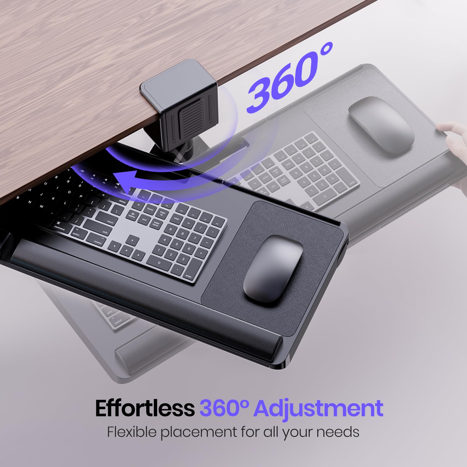 Klearlook Adjustable Ergonomic Keyboard Tray for Under Desk or Above Desk - 360° Rotating Sit Stand Keyboard Riser with Wrist Rest & Storage Drawer (24.4