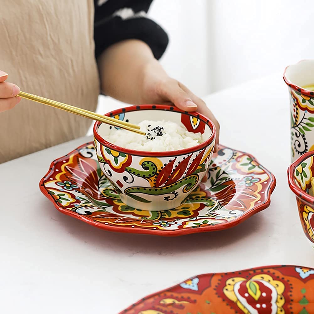 Exotic Style 6-Piece Ceramic Dinnerware Set - Hand Painted Red Plates & Bowls with Colorful Floral Patterns | Perfect for Carnival Parties, Home Dining, and Special Occasions