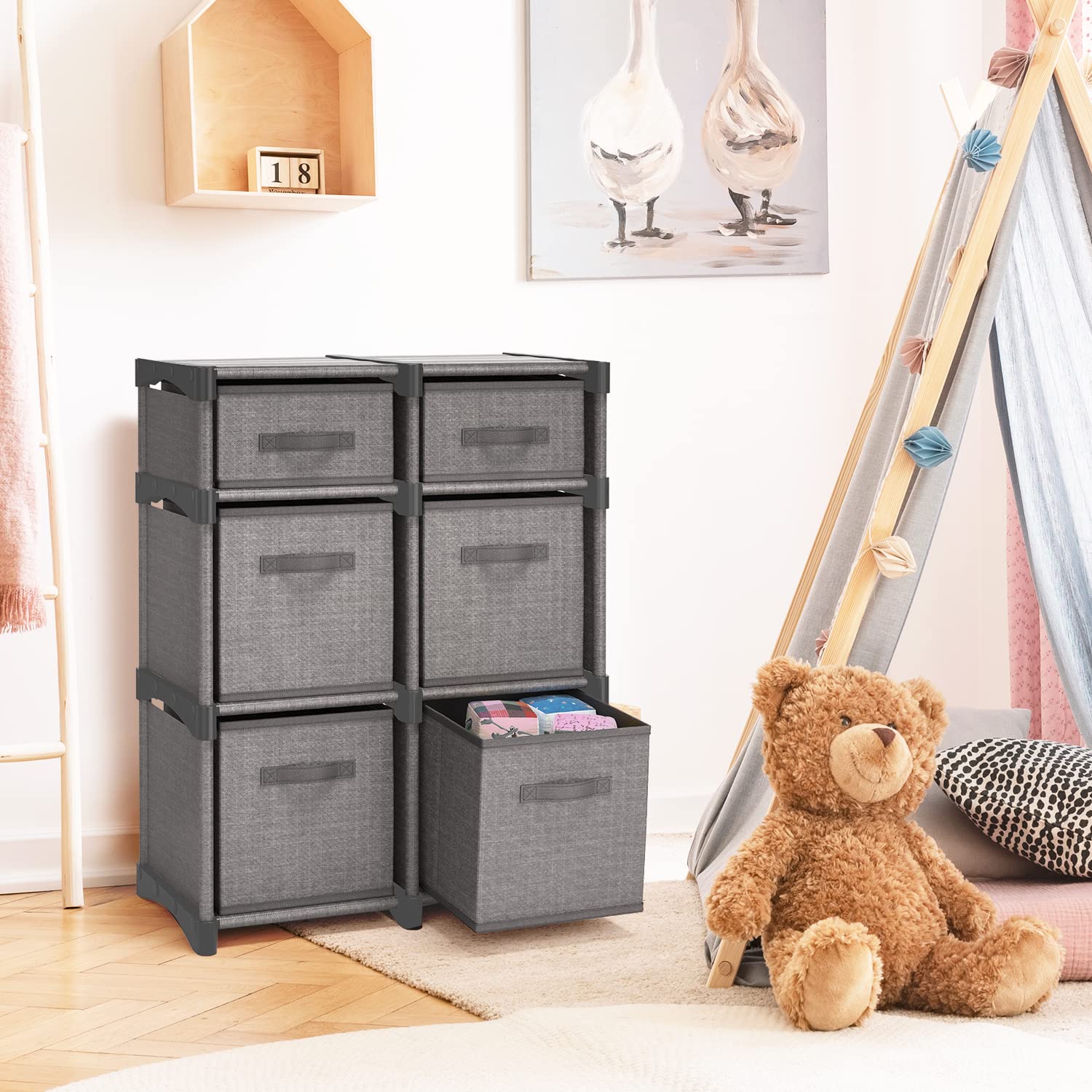 6-Cube Storage Organizer Shelf with Bins - Sturdy Gray Fabric Cube Shelves for Bedroom, Playroom, Office & Dorm - Perfect for Organizing Toys, Books, Clothes & Home Decor Accessories