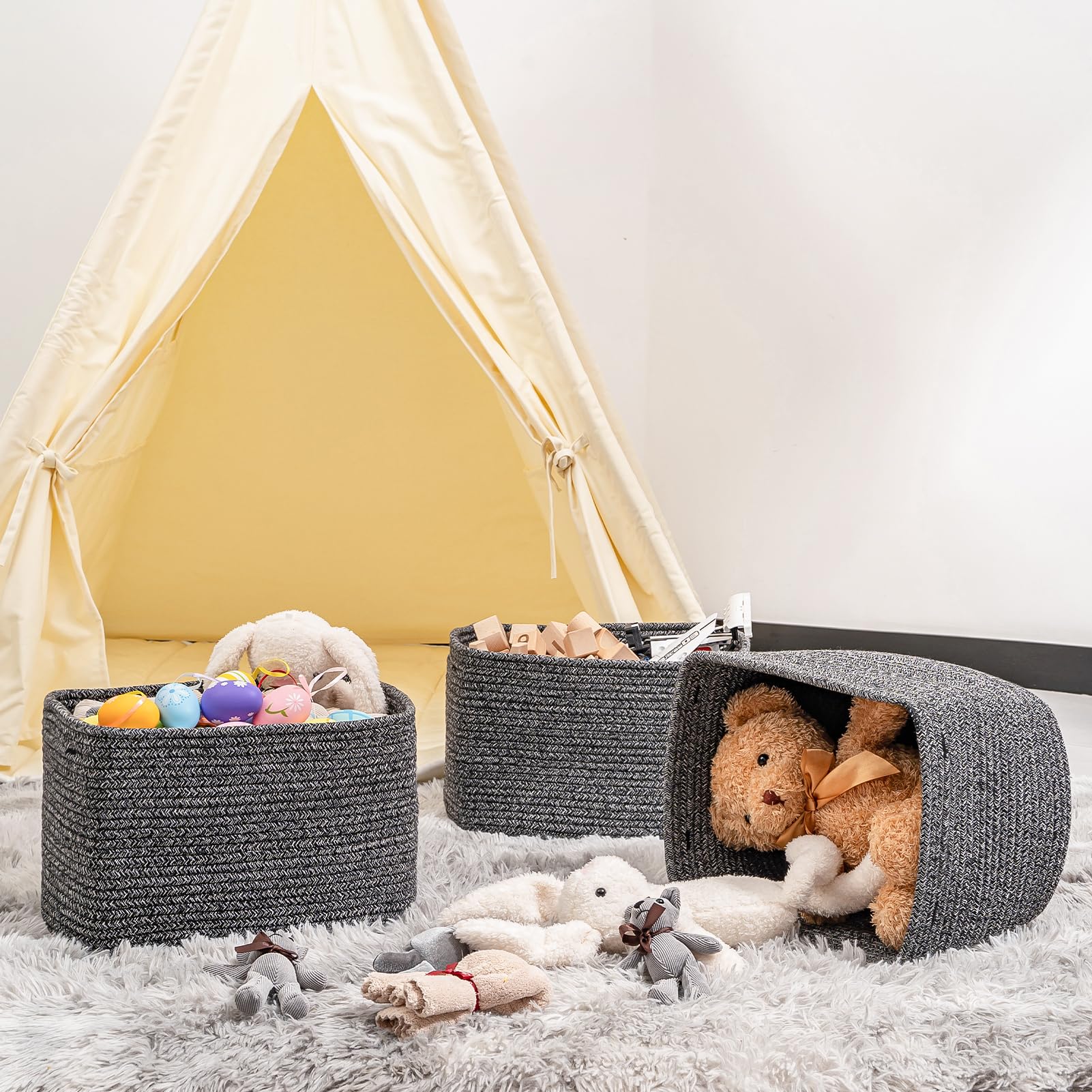 Square Woven Cotton Rope Storage Baskets - 2 Pack Black Cubes Shelf Organizer Bins for Closet, Living Room & Bathroom | Stylish Home Decor for Towels, Toys & Bedroom Essentials