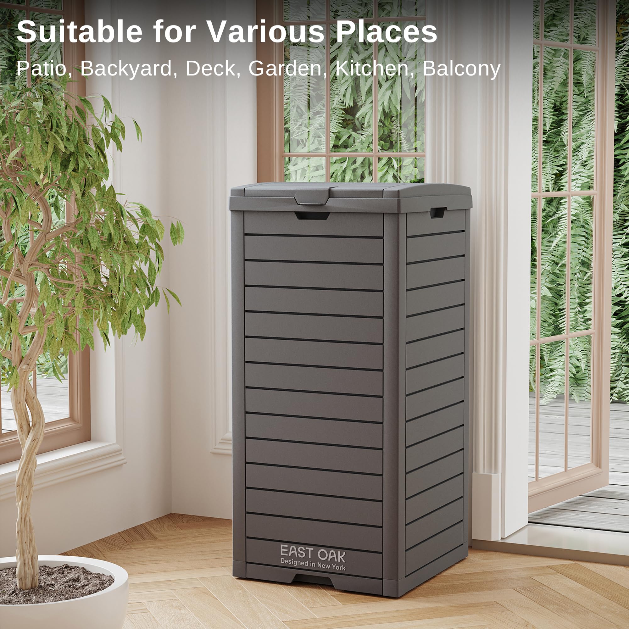 EAST OAK 38 Gallon Outdoor Waterproof Resin Trash Can with Tiered Lid & Drip Tray - Heavy Duty Garbage Bin for Patio, Backyard, Deck & Kitchen - Gray Outdoor Trash Container for Waste Disposal & Recycling