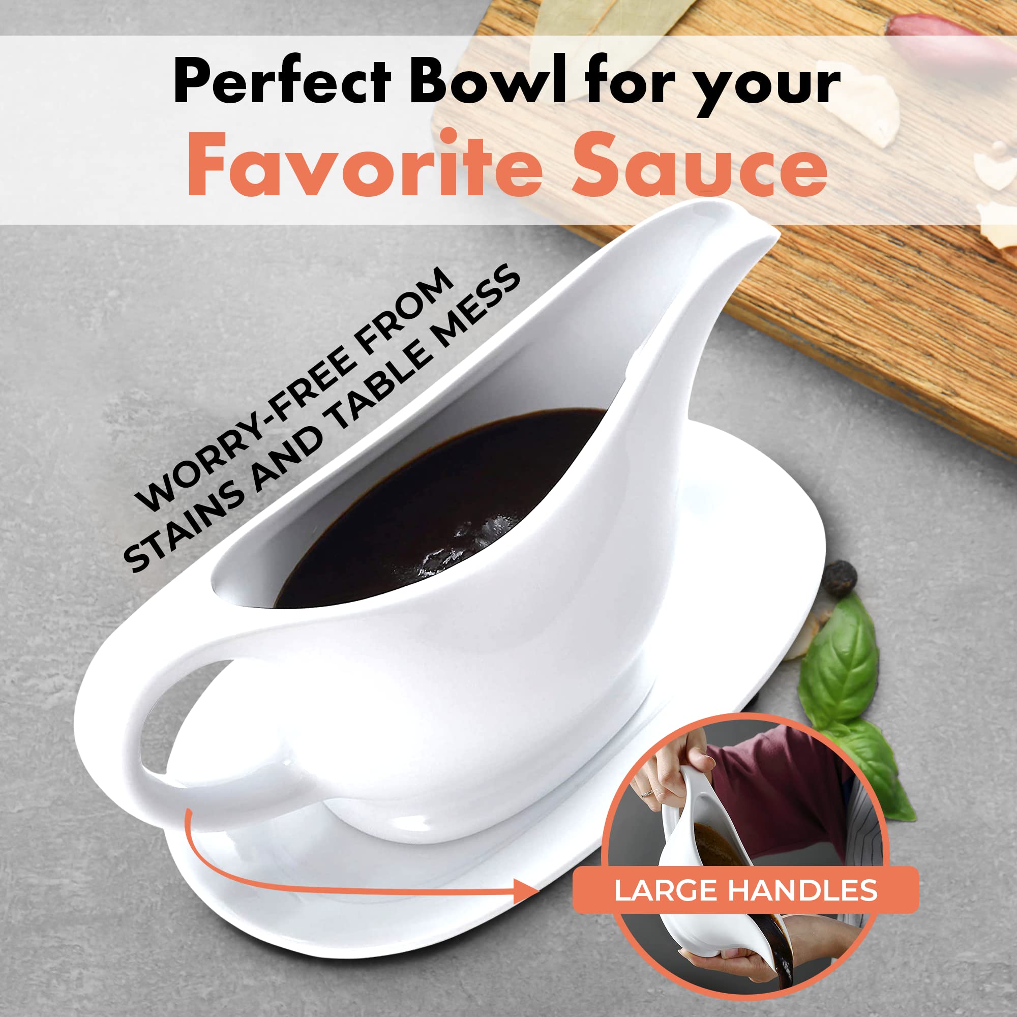 Bruntmor 11 Oz White Ceramic Gravy Boat with Serving Tray - Small Ceramic Sauce Dispenser for Dinner Parties, Holiday Meals & Fine Dining - Perfect for Gravy, Syrup & Dressings