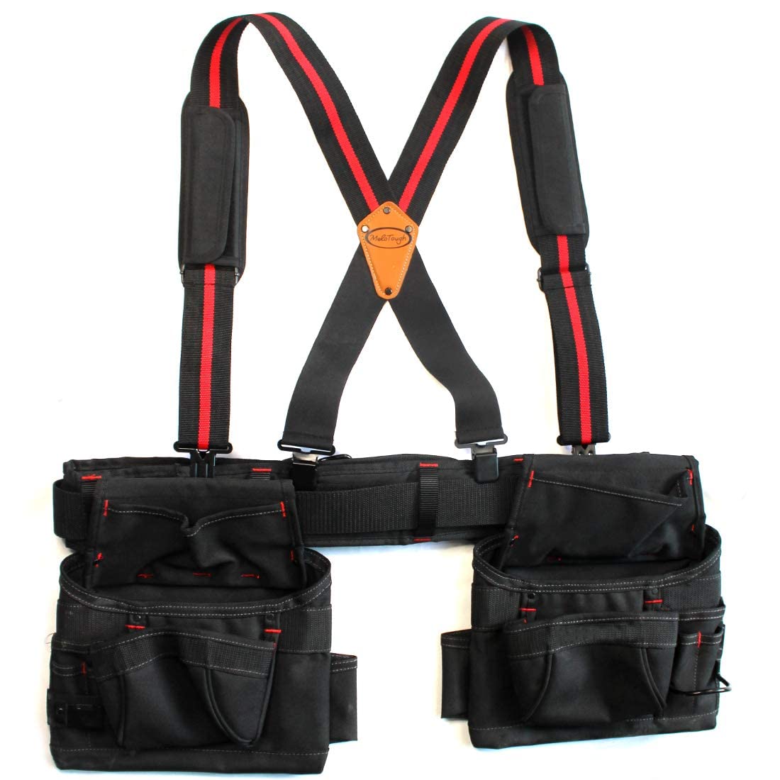 Heavy Duty Tool Belt Suspenders with Movable Shoulder & Padded Support - Adjustable Work Belt Suspenders for Construction, Carpentry & DIY Projects (Red Strip)