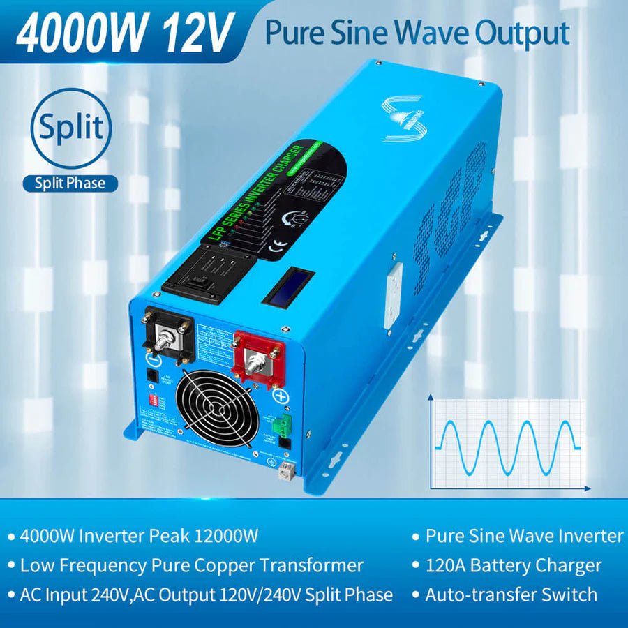 SunGoldPower 4000W 12V Pure Sine Wave Inverter with Charger - Split Phase Power Converter for RVs, Boats, Off-Grid Solar Systems & Emergency Backup Power