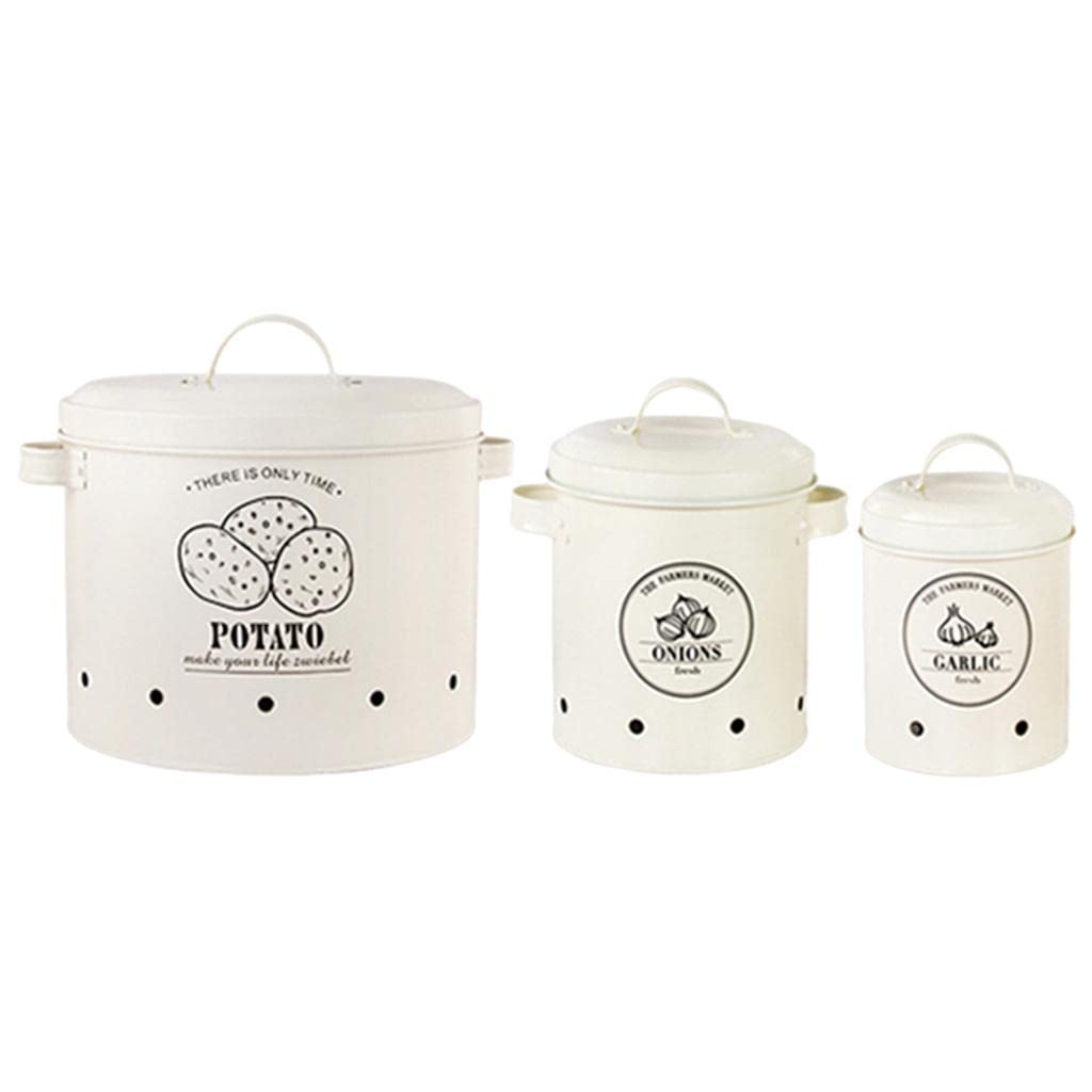 Fenteer 3-Piece Potato Onion Garlic Storage Containers with Handles - Airtight Kitchen Organizer for Fresh Produce - Perfect for Pantry, Countertop & Refrigerator Storage (White)