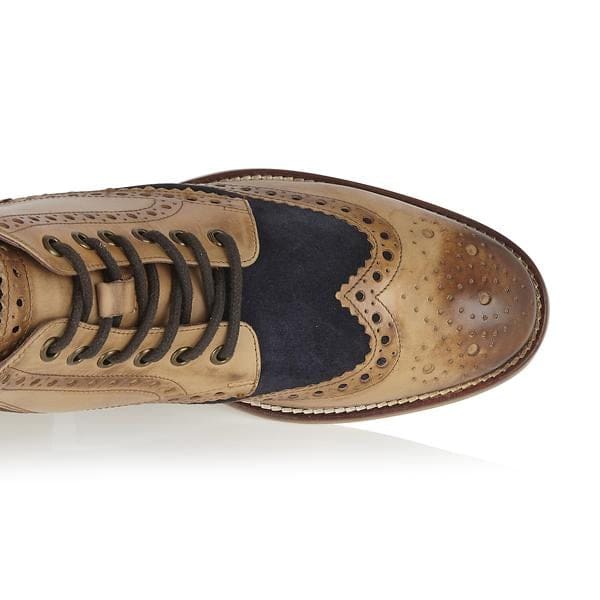London Brogue Gatsby Tan/Navy Men's Dress Boots - Classic Wingtip Oxford Style for Formal Wear & Business Attire - Perfect for Weddings, Office & Special Occasions