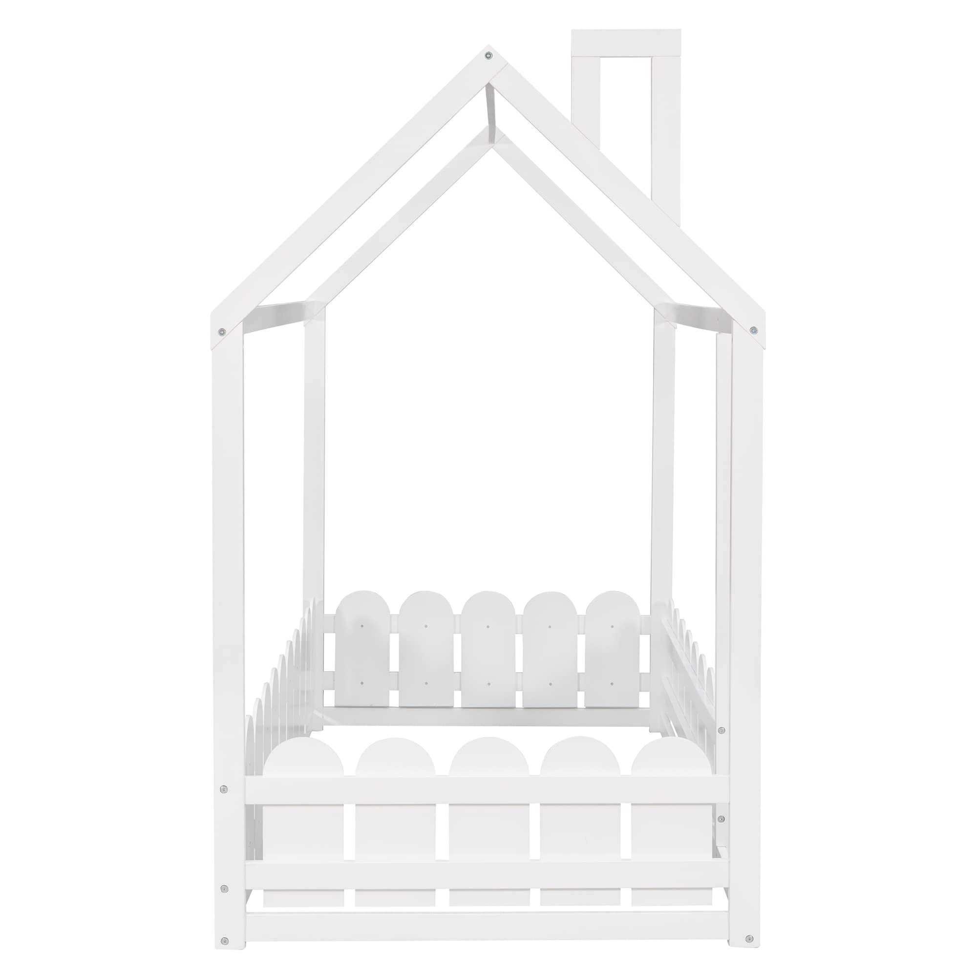 MERITLINE Twin Size Wooden House Bed Frame with Fence-Shaped Guardrails - Montessori Toddler Bed for Kids, Girls & Boys (White) | Safe & Sturdy Children's Bedroom Furniture for Daycare, Nursery or Playroom