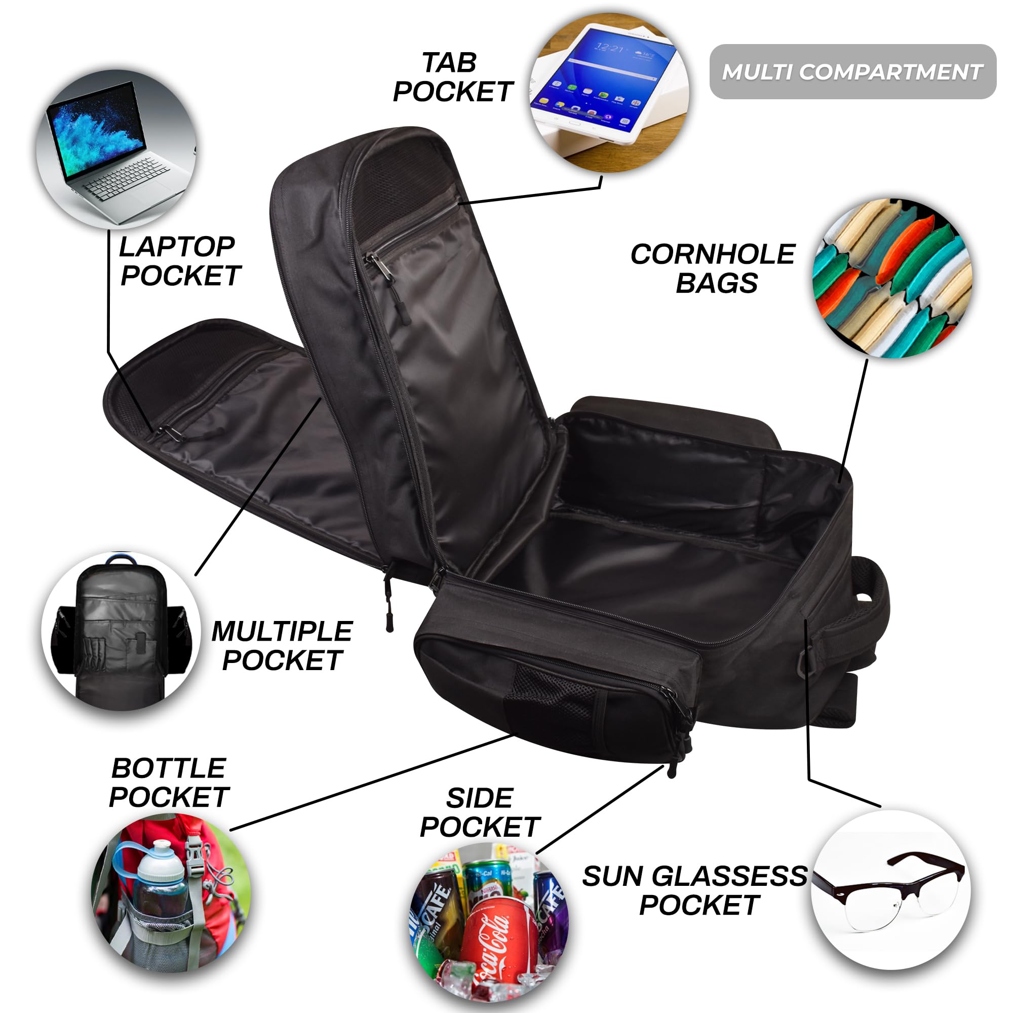 FIGHTSENSE Premium Cornhole Backpack - Holds 24 Bags with Multiple Storage Pockets - Durable Cornhole Bag Carrying Case for Outdoor Games, Tailgating & Beach Parties