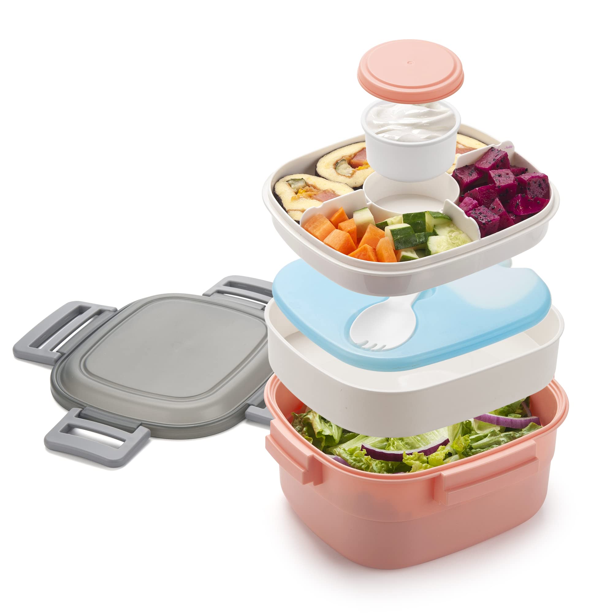 Freshmage 52-oz Leakproof BPA-Free Salad Container with Ice Pack - 4 Compartment Lunch Box for Men & Women - Perfect for Office, School, Picnics & Meal Prep (Pink)