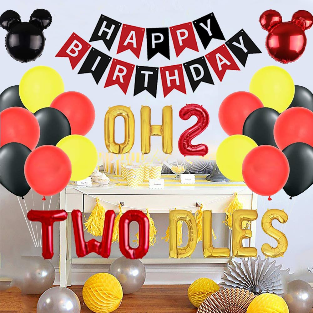 Oh Twodles Birthday Party Supplies - Mickey & Minnie Themed 2nd Birthday Decorations Set with Balloons, Banner & Garland for Boys & Girls | Perfect for 2nd Birthday Parties, Baby Showers & Disney Themed Celebrations