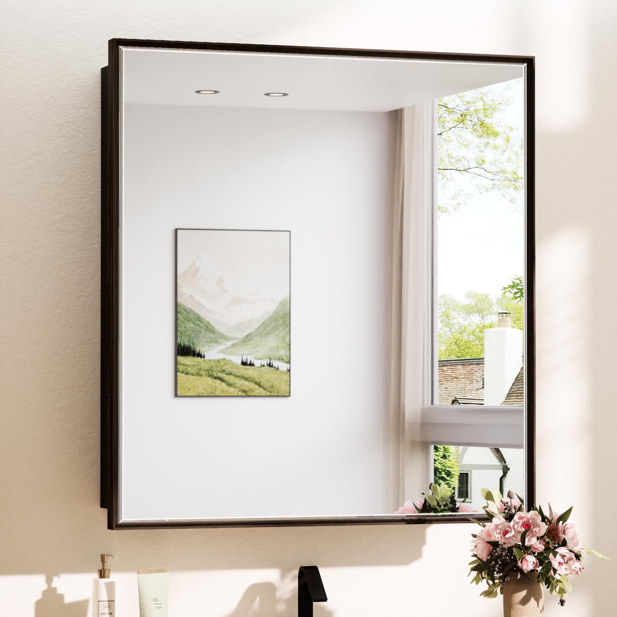 TokeShimi 30x32 Recessed Medicine Cabinet with Mirror - Wall Mounted Bathroom Storage Cabinet, Aluminum Alloy Black Beveled Mirror for Vanity | Perfect for Small Bathrooms, Powder Rooms & Modern Home Décor