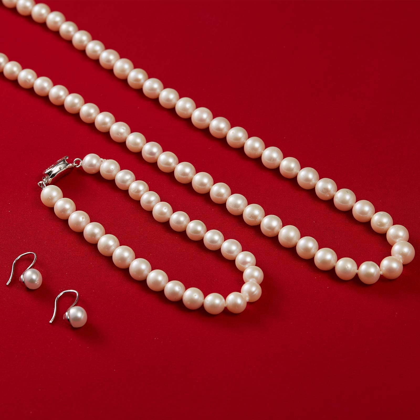 Freshwater Pearl Necklace Set with Bracelet & Earrings in Leather Gift Box - Elegant Jewelry for Women | Perfect for Weddings, Parties & Special Occasions