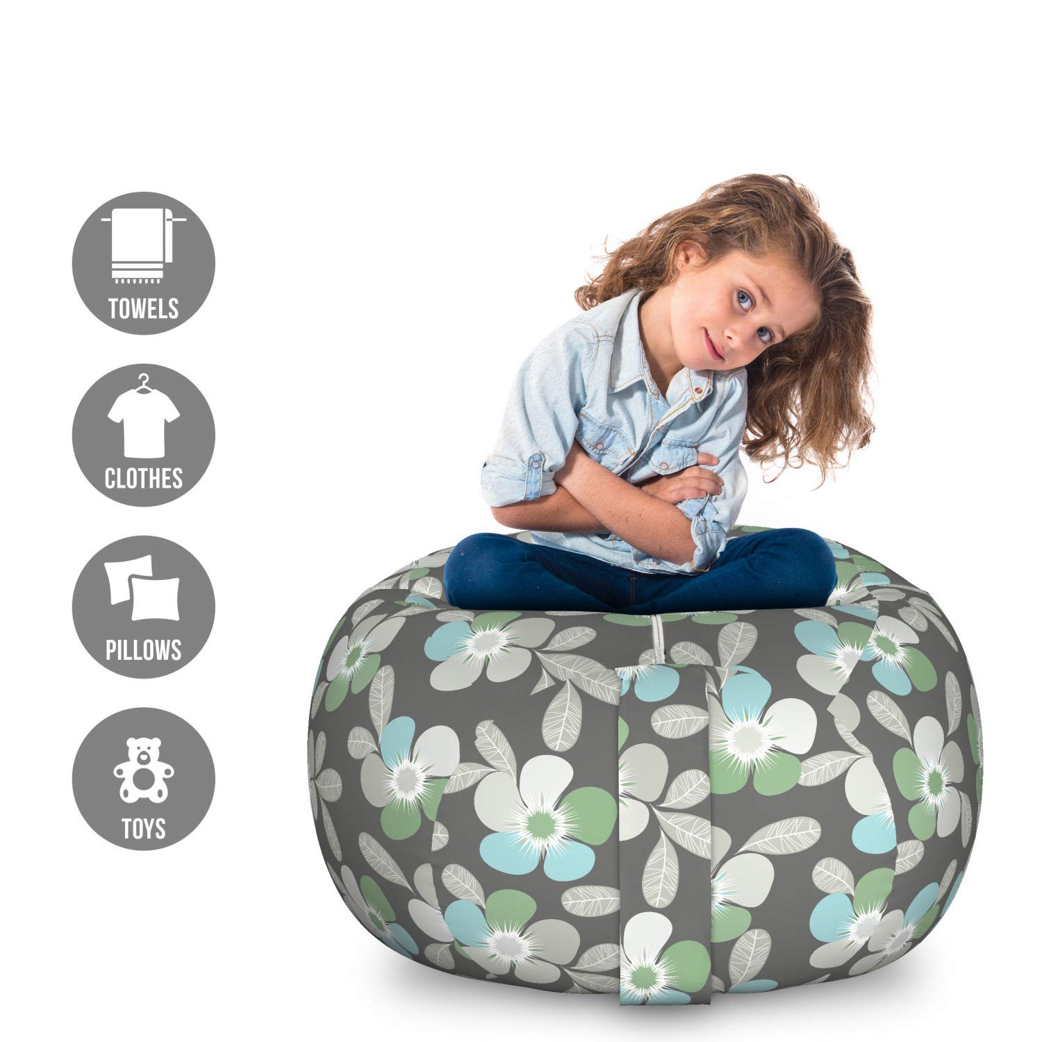 Ambesonne Floral Storage Toy Bag Chair - Large Washable Stuffed Animal Organizer with Abstract Simplistic Flowers & Leaves in Grey Pale Sage Green - Perfect for Kids' Room, Nursery, Playroom & Home Organization
