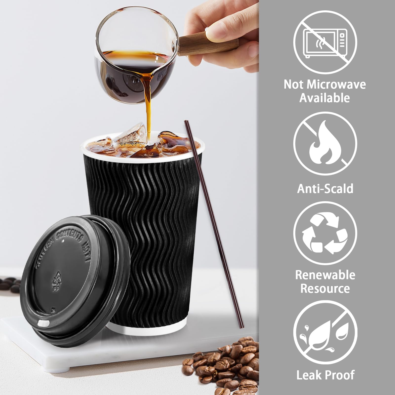Lamosi 16 oz Disposable Coffee Cups with Lids - 50 Pack Insulated Hot Paper Cups for Coffee, Tea & Hot Drinks - Leakproof Travel Cups with Straws & Corrugated Ripple Wall - Perfect for Office, Coffee Shops, Cafes & Takeout (Black)