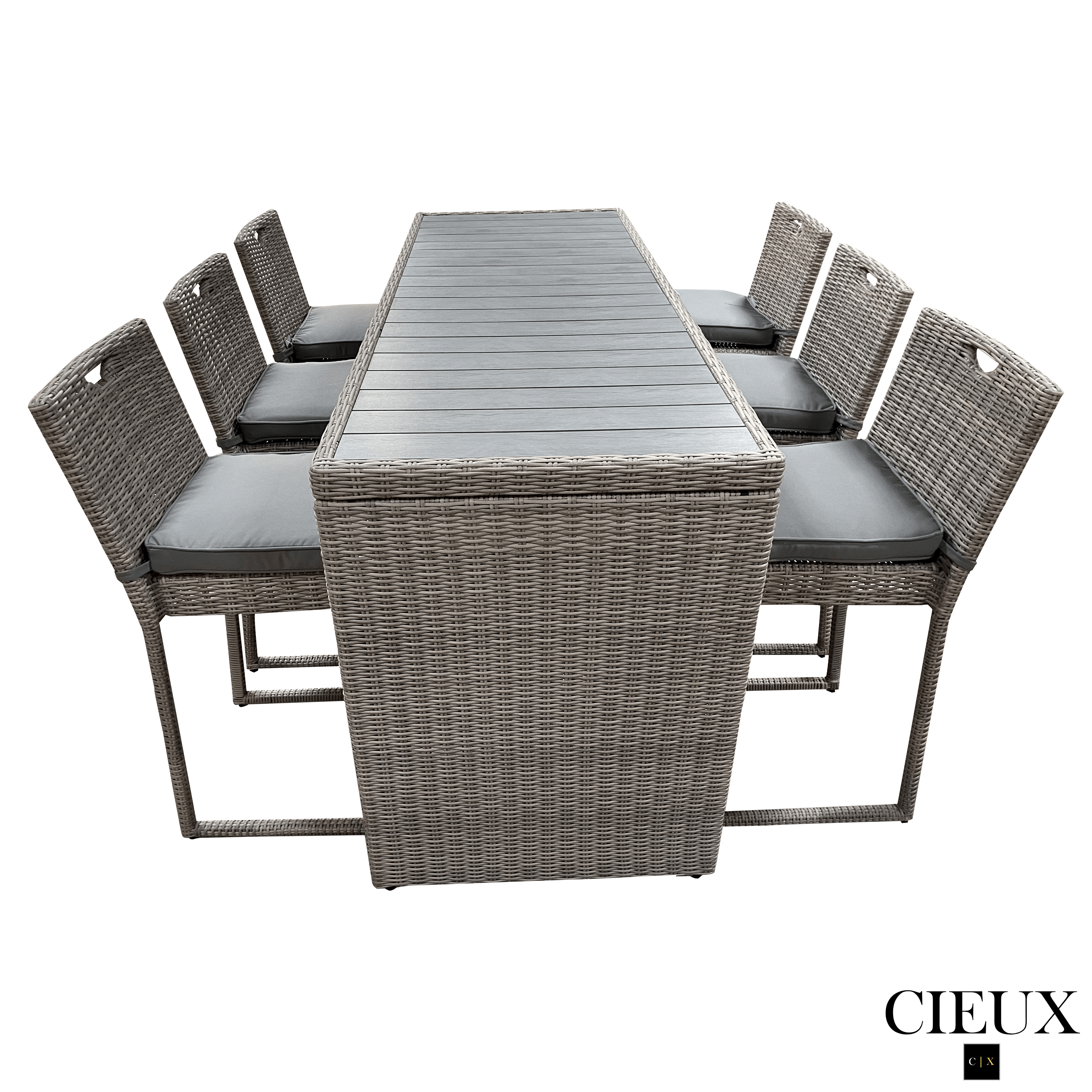 Riviera Outdoor Patio Wicker Bar Table and 6 Chairs Set - Grey Rattan Furniture with Sunbrella Canvas Charcoal Cushions - Perfect for Backyard, Poolside, and Garden Dining
