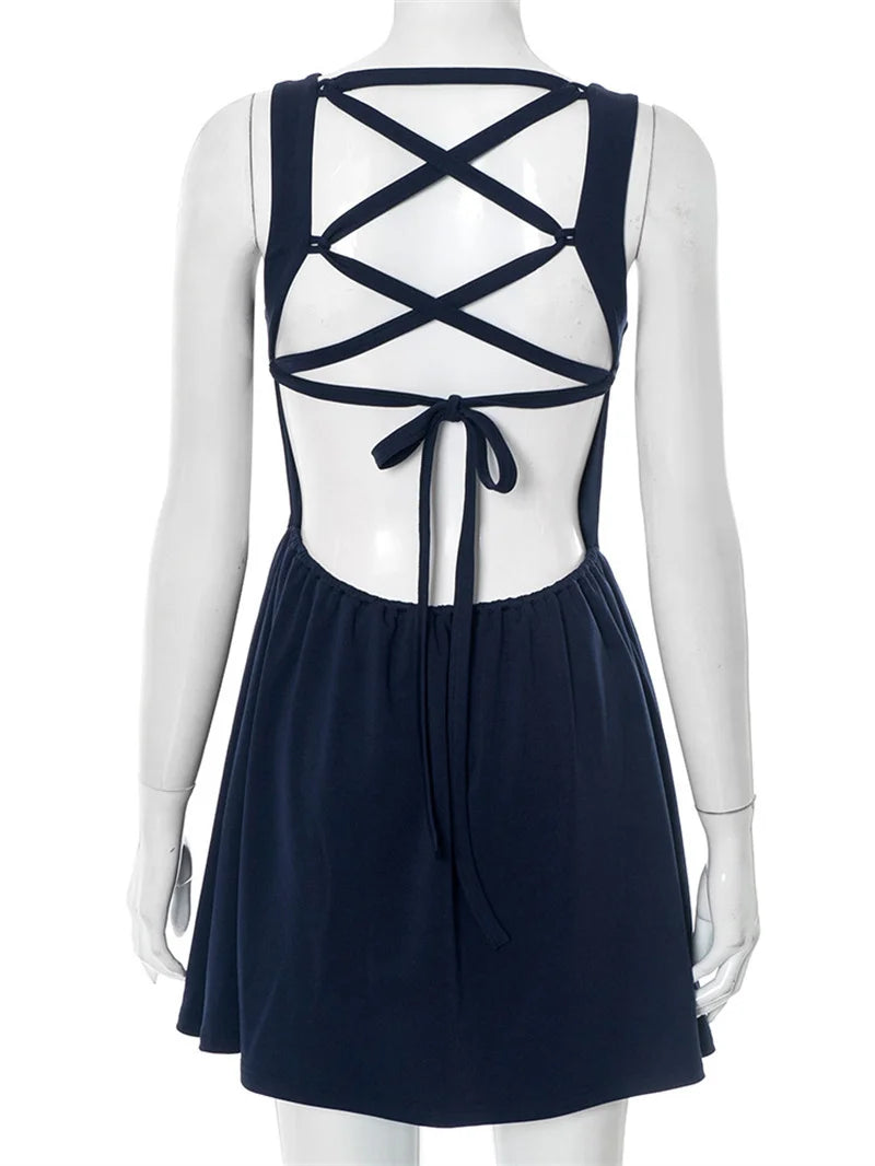 Sexy Backless Lace-Up Mini Dress for Women - Elegant O-Neck Sleeveless High Waist A-Line Club Party Dress | Perfect for Night Out, Date Night, Cocktail Parties & Special Occasions