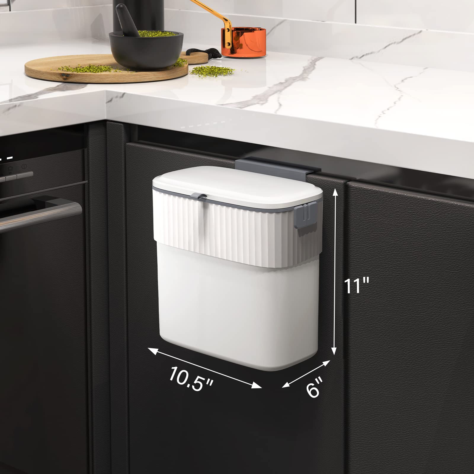 ELPHECO 2.5 Gallon Hanging Trash Can with Lid - Under Sink Kitchen Compost Bin, Wall-Mounted Plastic Garbage Can for Small Spaces, Compact Trash Bin for Cupboard & Countertop - Perfect for Kitchen, Bathroom, Office & RV Use
