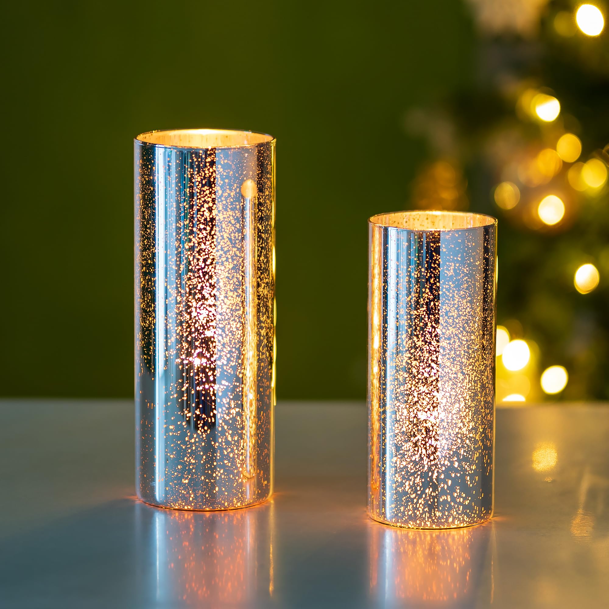 Glasseam Silver Hurricane Candle Holder Set of 2 - Modern Mercury Glass Cylinder Candle Holders for Pillar Candles, Floating Candle Vases - Perfect for Wedding Centerpieces, Dining Table Decor, Christmas Holiday Home Decor