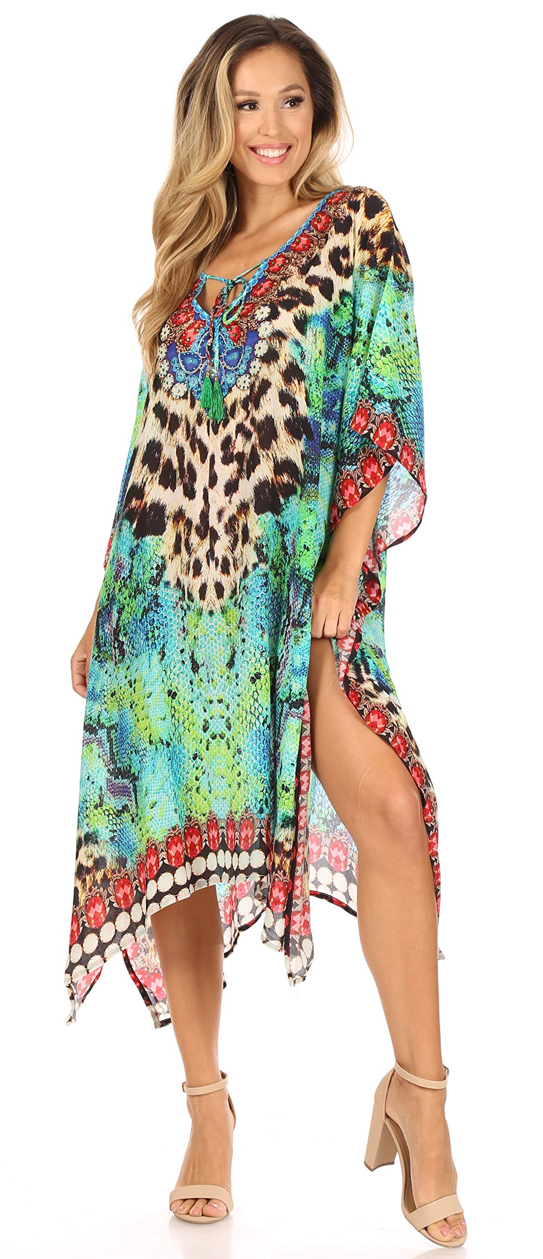 Sakkas Jenni Women's Boho Caftan Dress - Flowy Mid-Length Kaftan with Rhinestone Details for Beach Cover Up, Summer Vacation & Boho Fashion