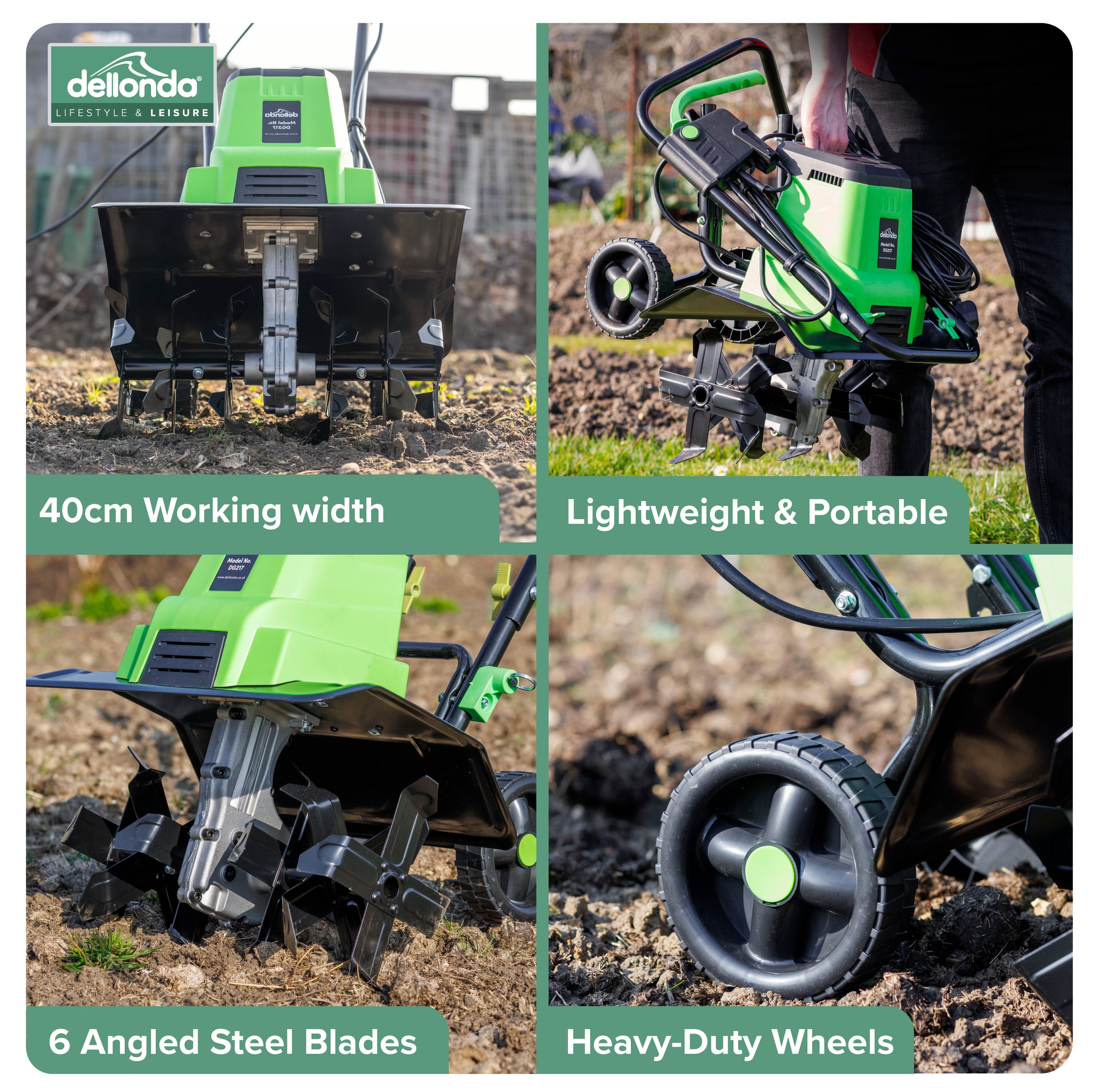 1500W Electric Tiller Cultivator - 40cm Working Width, 6 Steel Blades, 10m Power Cord - Heavy Duty Garden Soil Cultivator for Planting, Weeding & Landscaping (Model DG217)