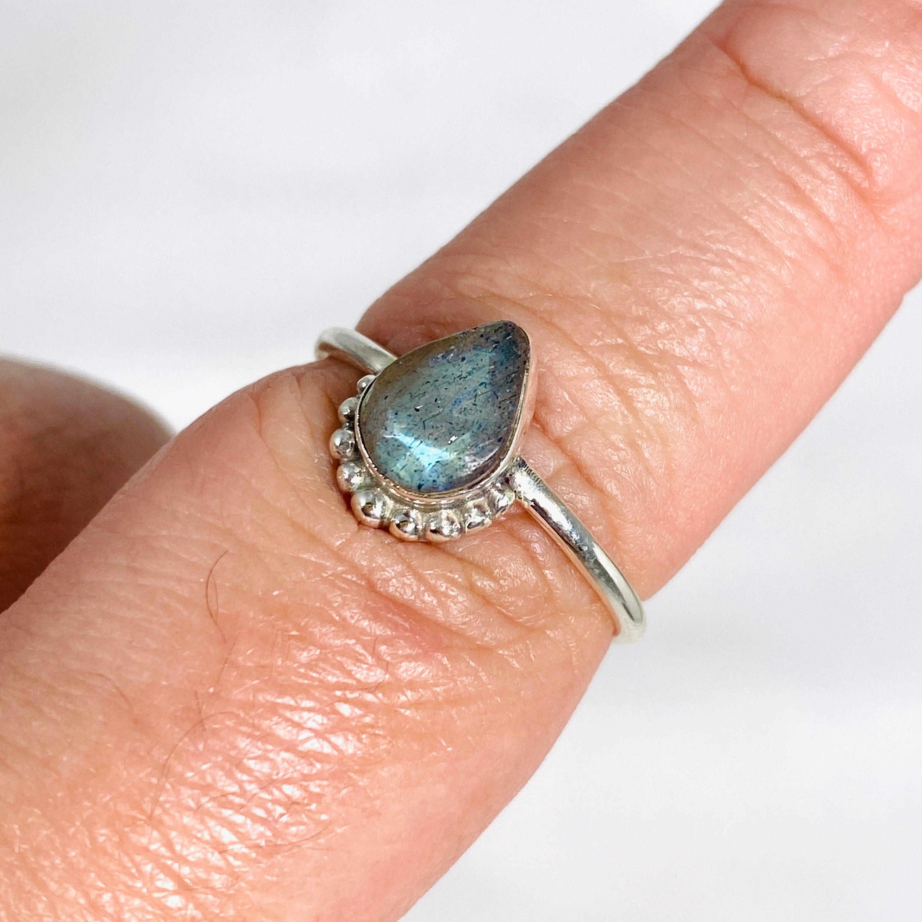 Labradorite Teardrop Faceted Fine Band Ring R3800 LB - Elegant Crystal Jewelry for Women, Wedding, Party & Special Occasions