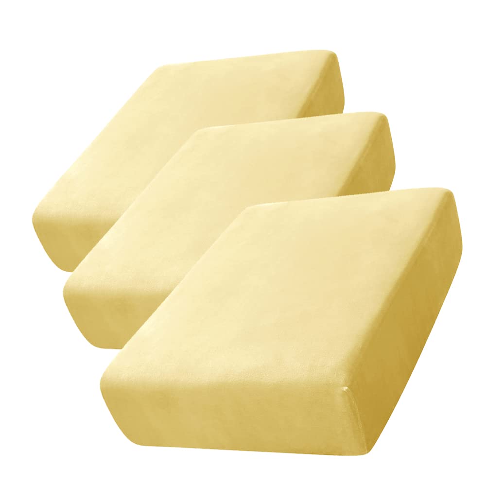 Soft Velvet Plush Stretch Cushion Cover with Elastic Bottom - Yellow Sofa Slipcover (Set of 3) | Furniture Protector for Living Room, Bedroom & Office Decor